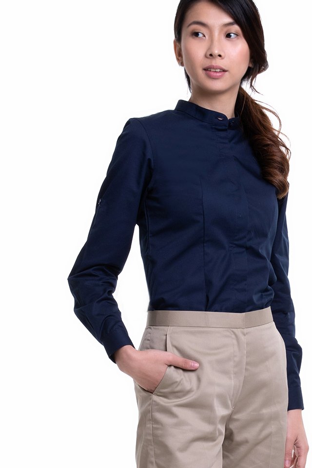 Ladies Long Sleeve Mandarin Collar Blouse (FHA-18112)