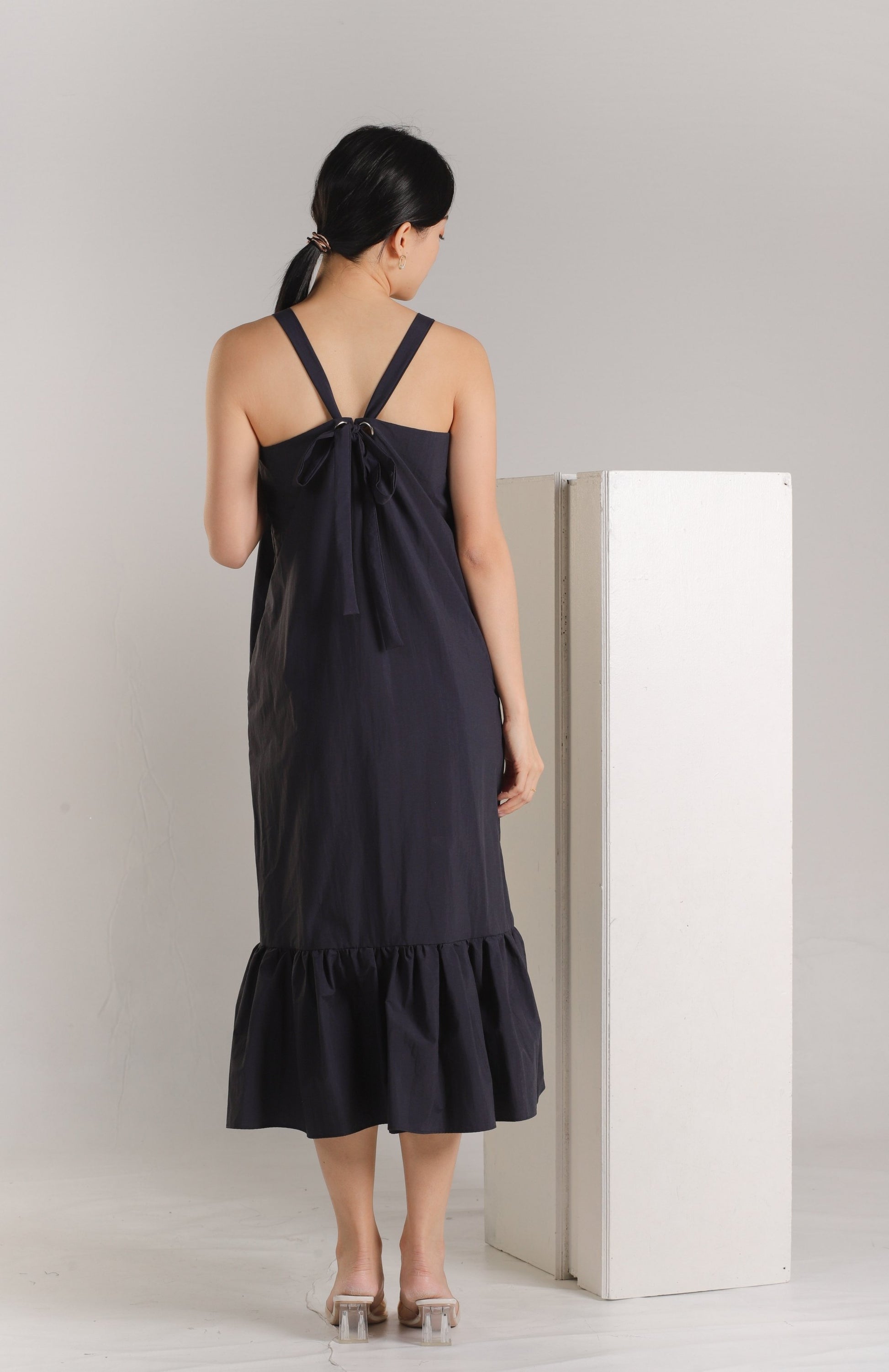 Drea Back Ribbon Midi Dress - Navy