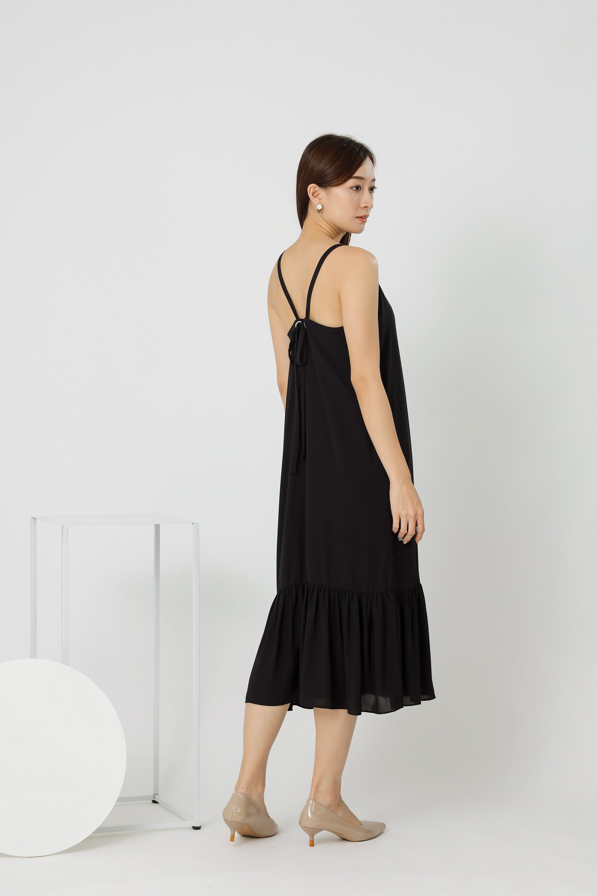 Andrea Back Ribbon Midi Dress - Black