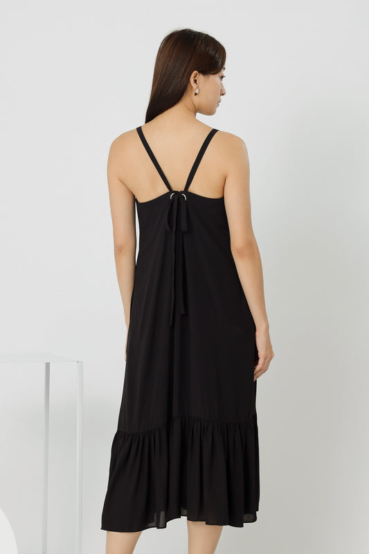 Andrea Back Ribbon Midi Dress - Black
