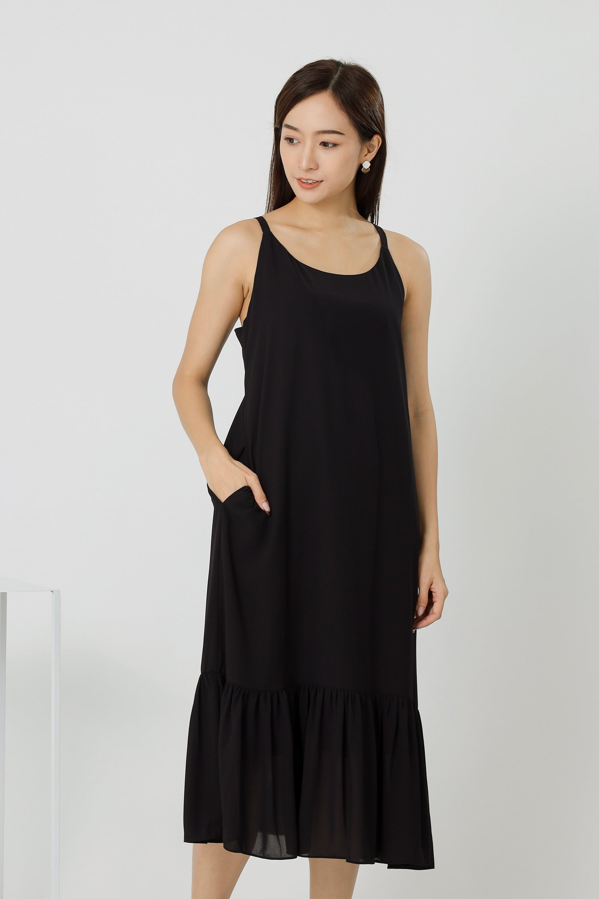 Andrea Back Ribbon Midi Dress - Black