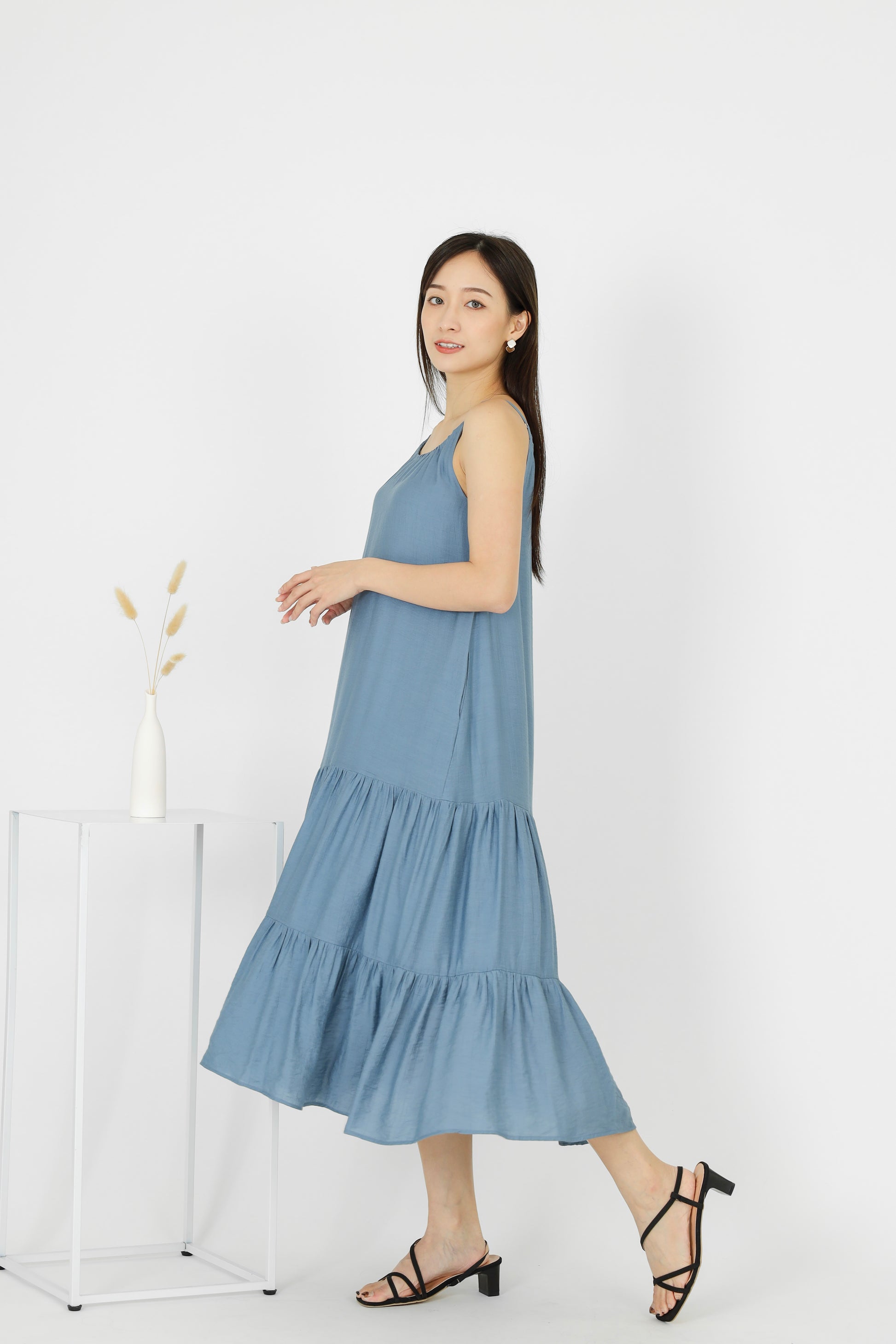Carmen Ruffles Tiered Midi Dress - Blue