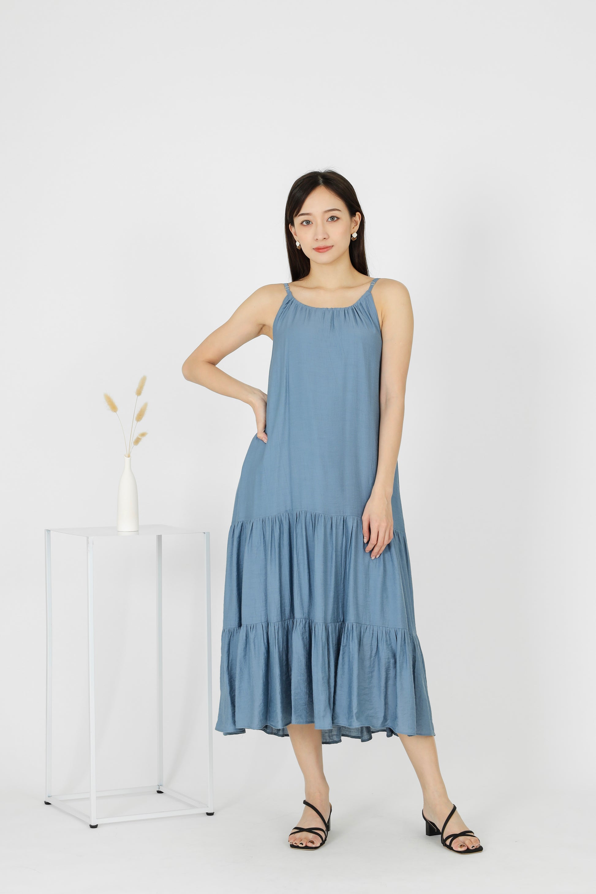 Carmen Ruffles Tiered Midi Dress - Blue