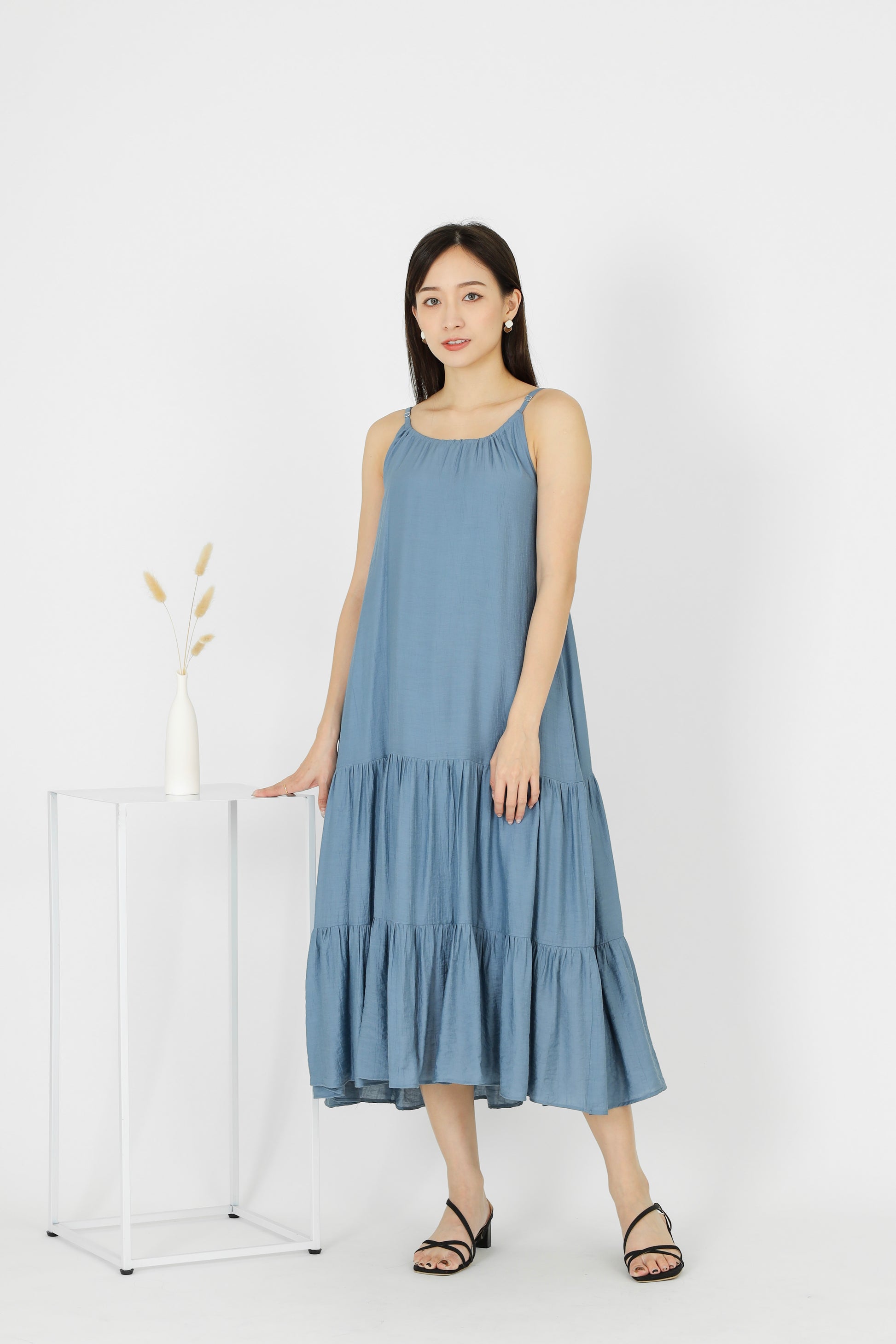 Carmen Ruffles Tiered Midi Dress - Blue