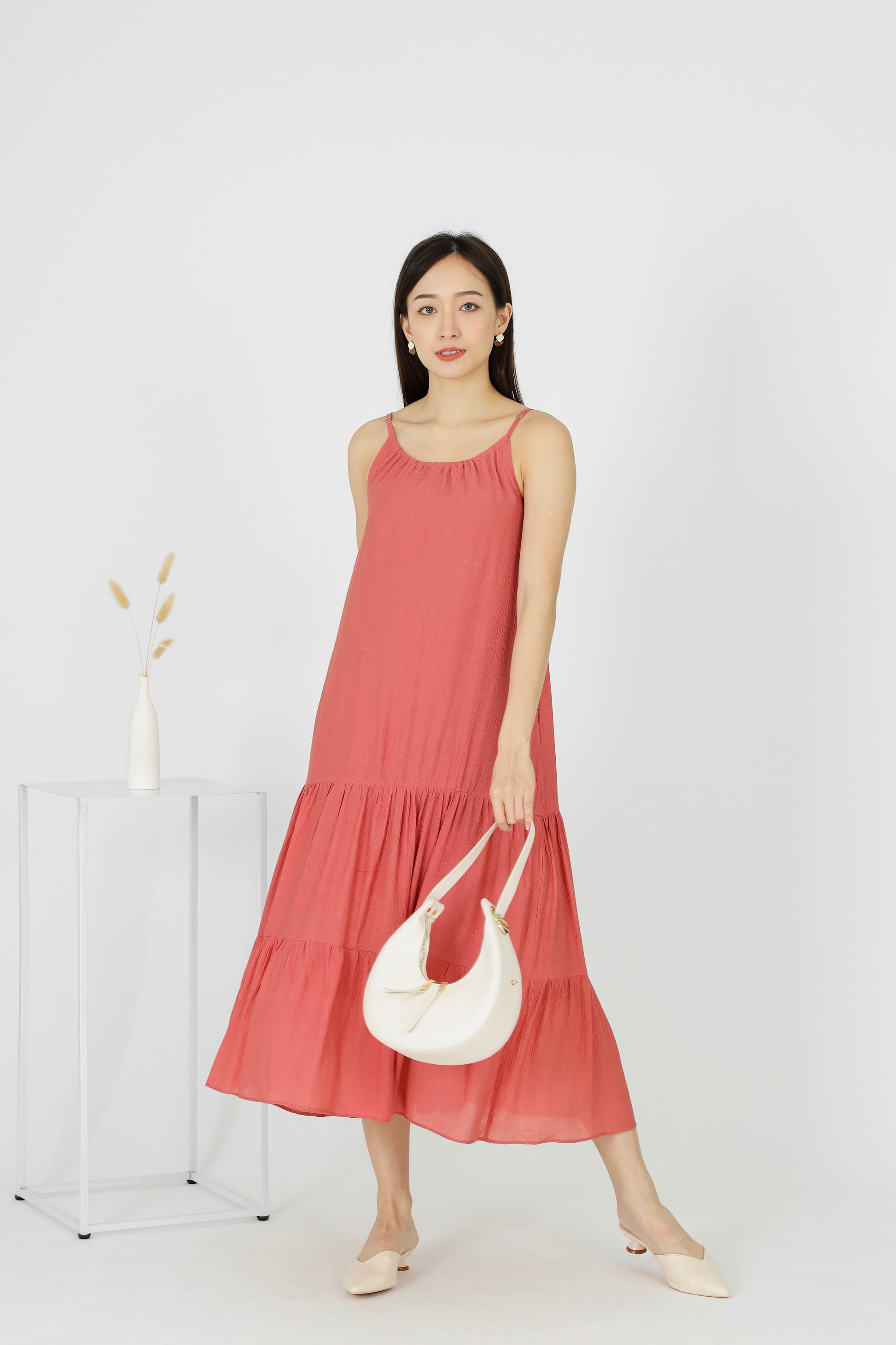 Carmen Ruffles Tiered Midi Dress - Coral