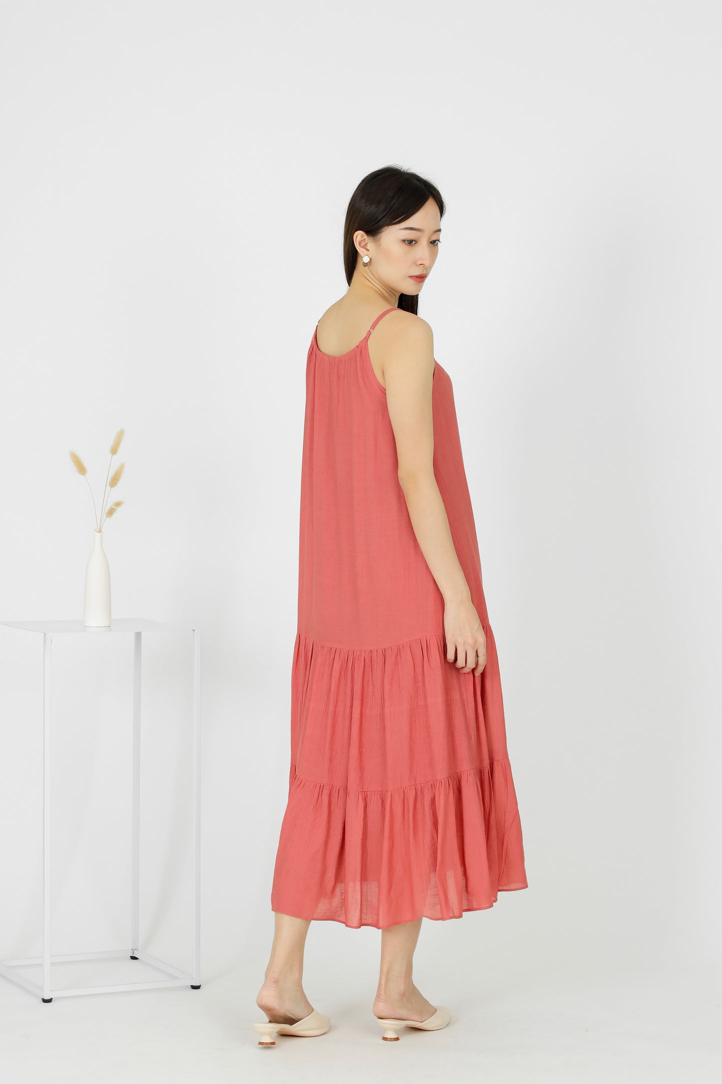Carmen Ruffles Tiered Midi Dress - Coral