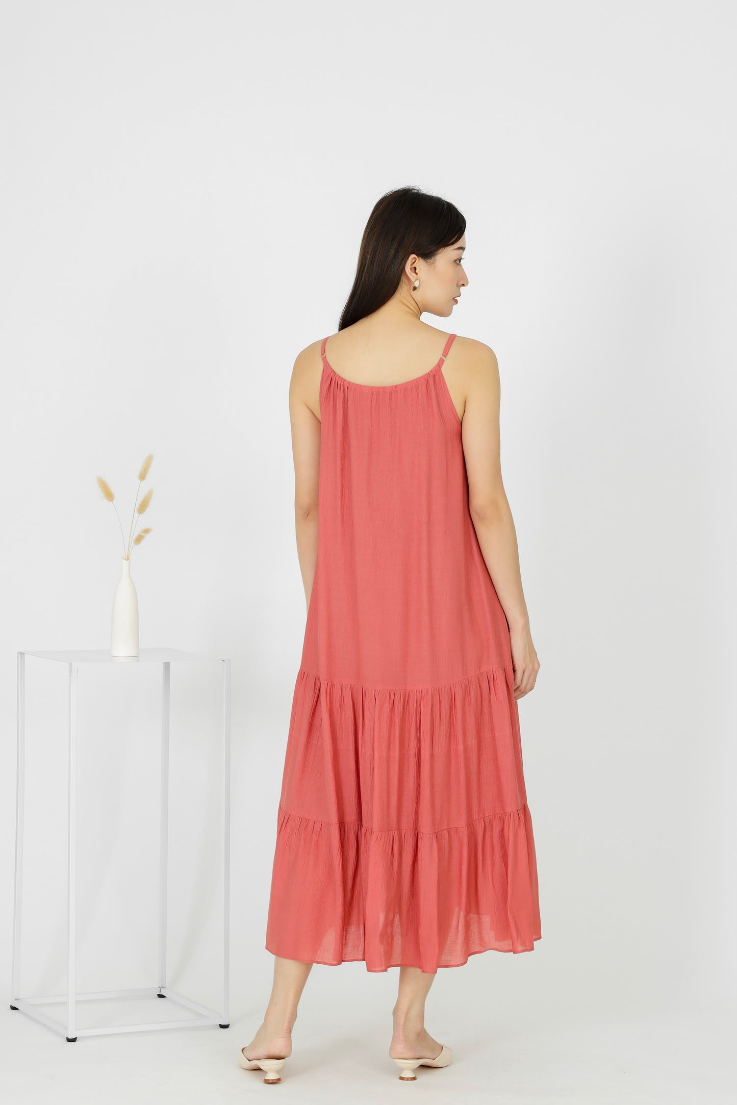 Carmen Ruffles Tiered Midi Dress - Coral