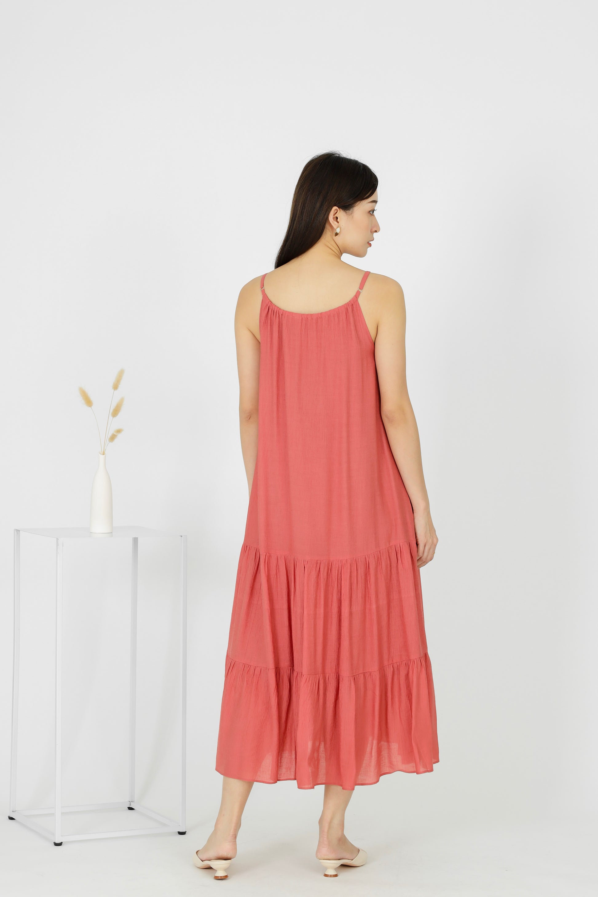Carmen Ruffles Tiered Midi Dress - Coral