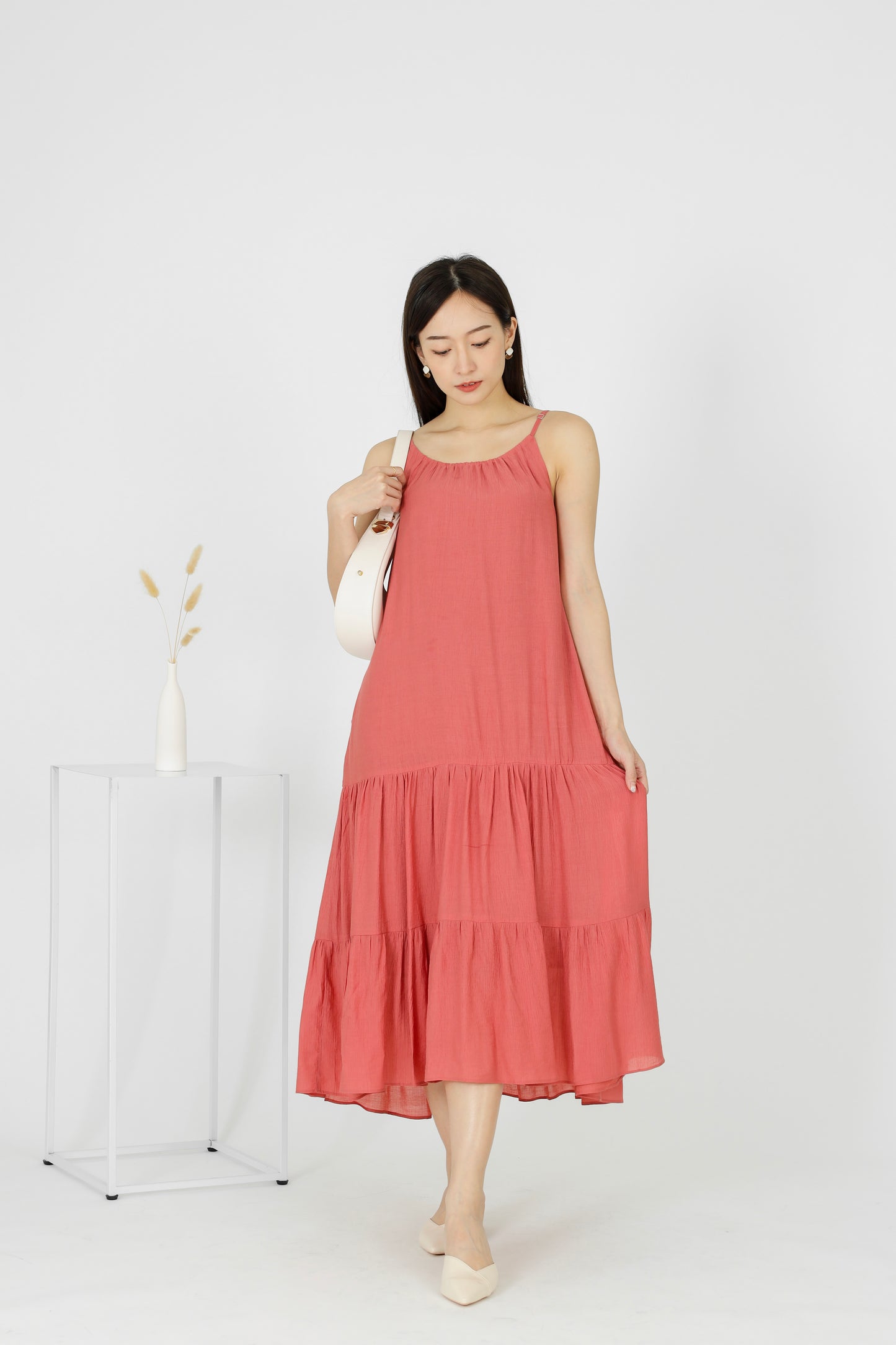 Carmen Ruffles Tiered Midi Dress - Coral