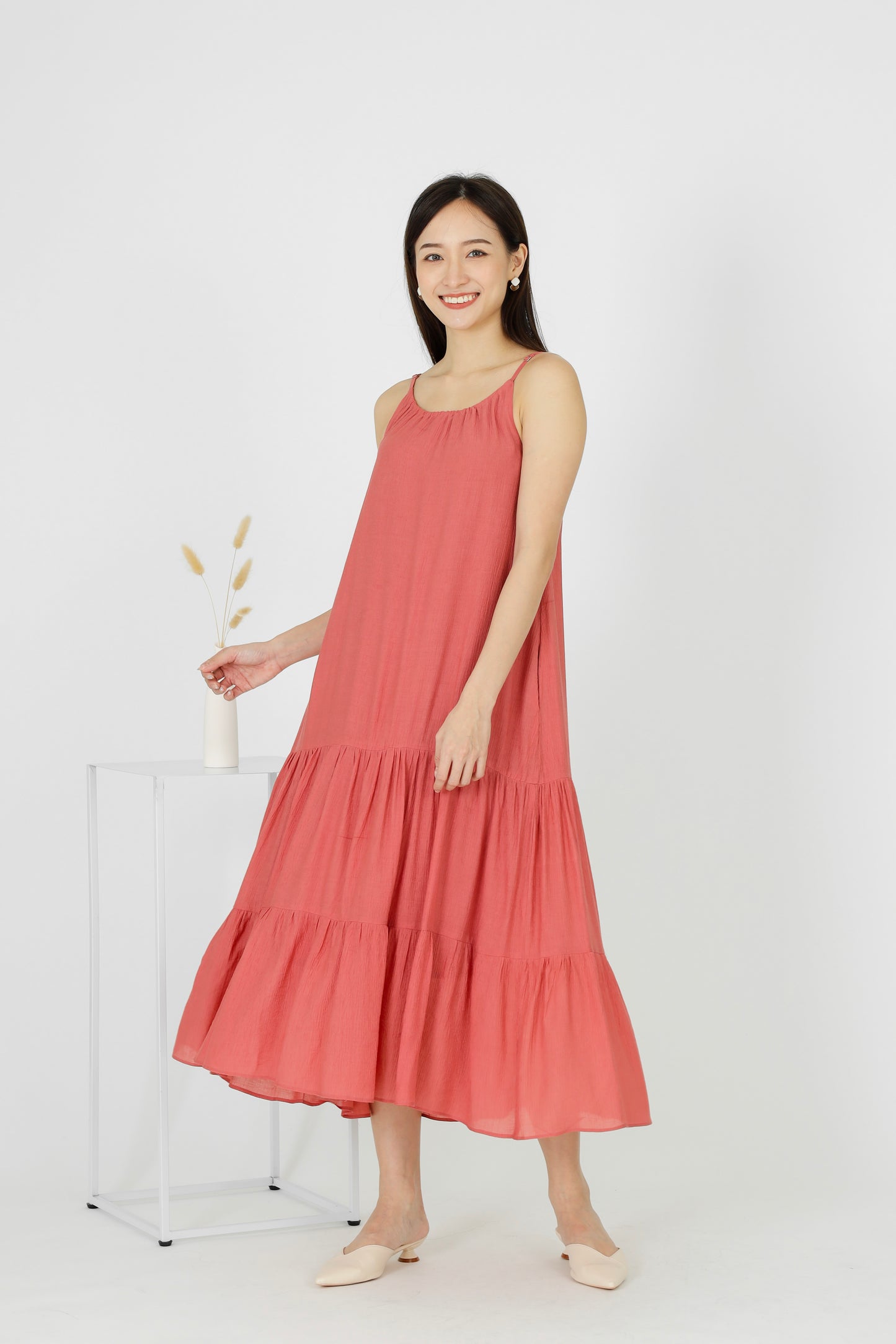 Carmen Ruffles Tiered Midi Dress - Coral