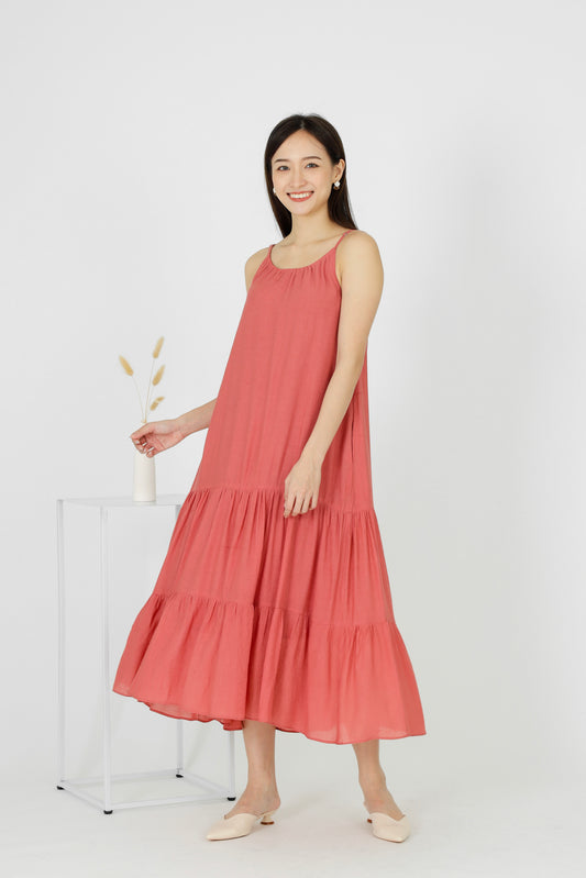 Carmen Ruffles Tiered Midi Dress - Coral