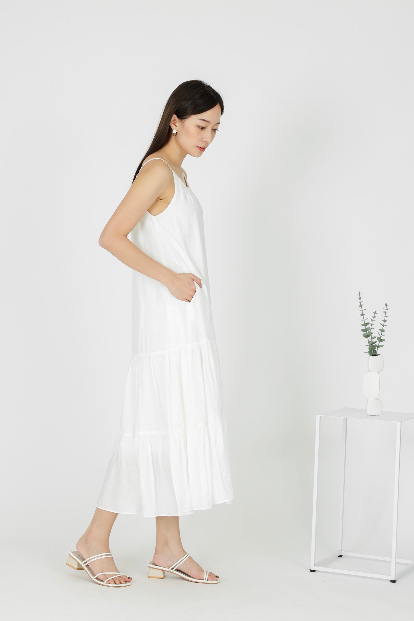 Carmen Ruffles Tiered Midi Dress - White