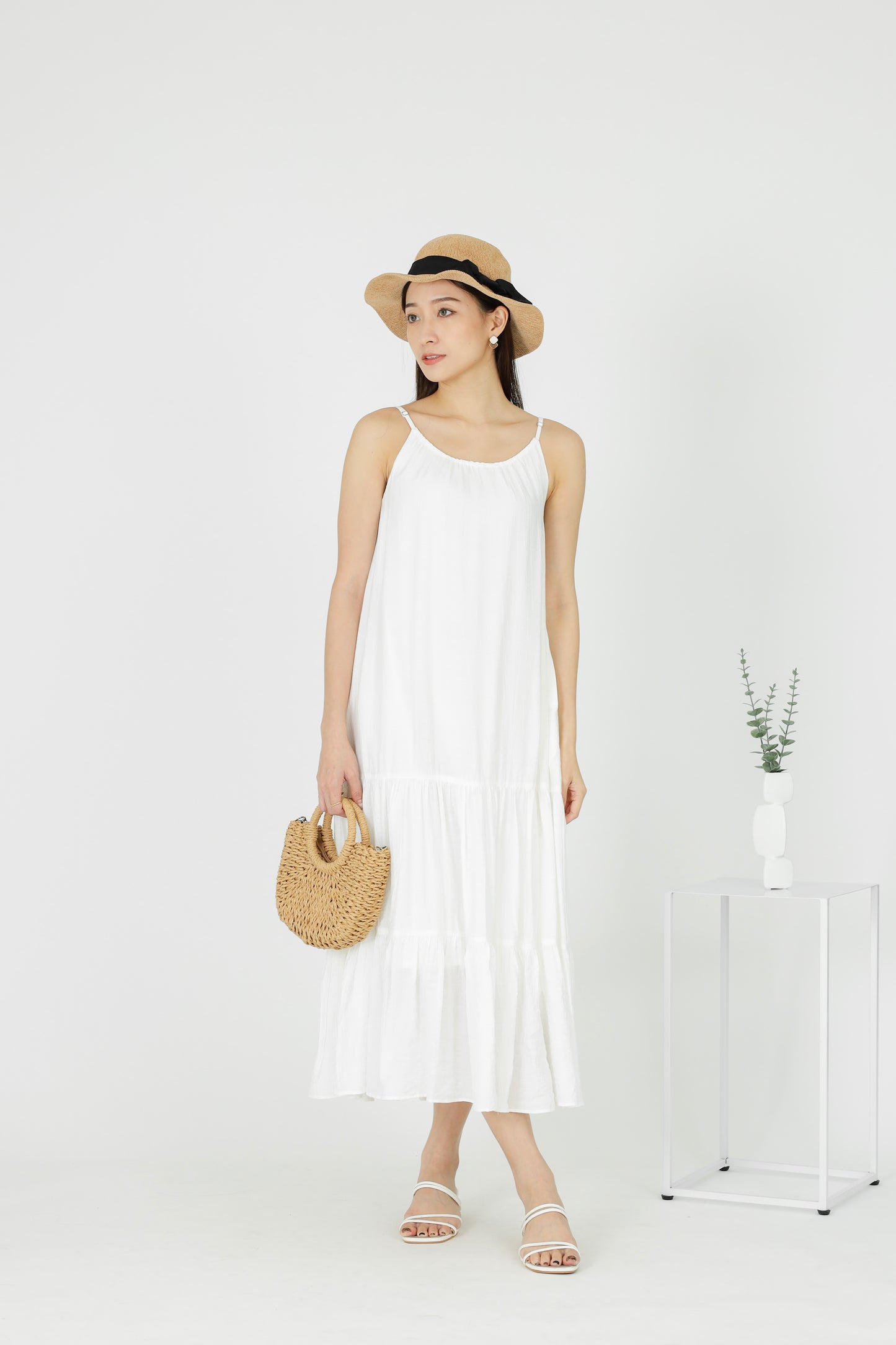 Carmen Ruffles Tiered Midi Dress - White