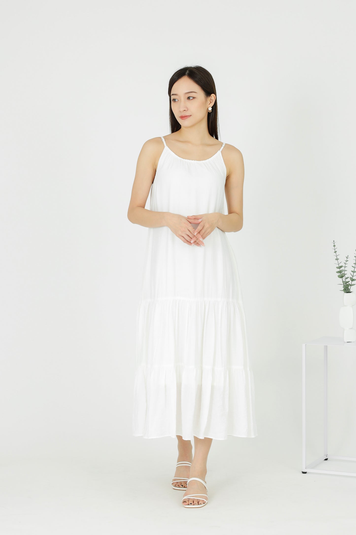 Carmen Ruffles Tiered Midi Dress - White