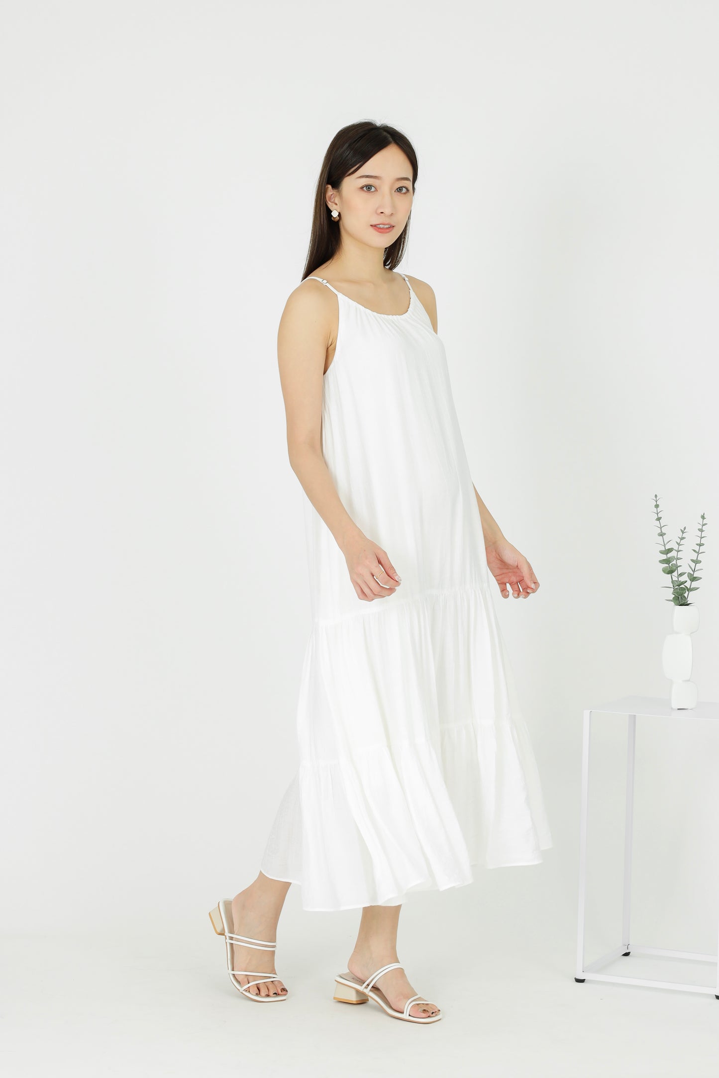 Carmen Ruffles Tiered Midi Dress - White