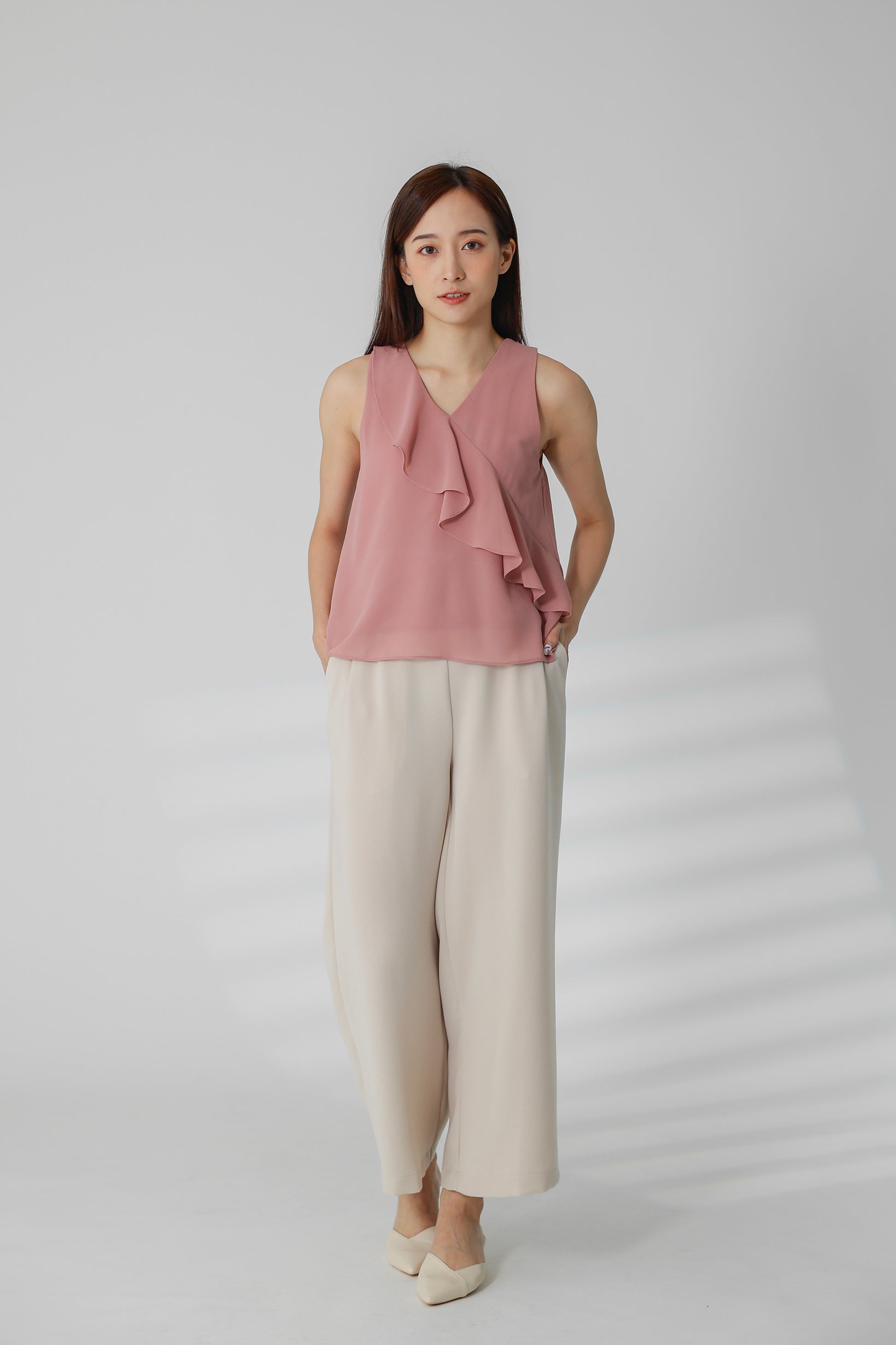 Eillie Slant Ruffles Top - Dust Pink