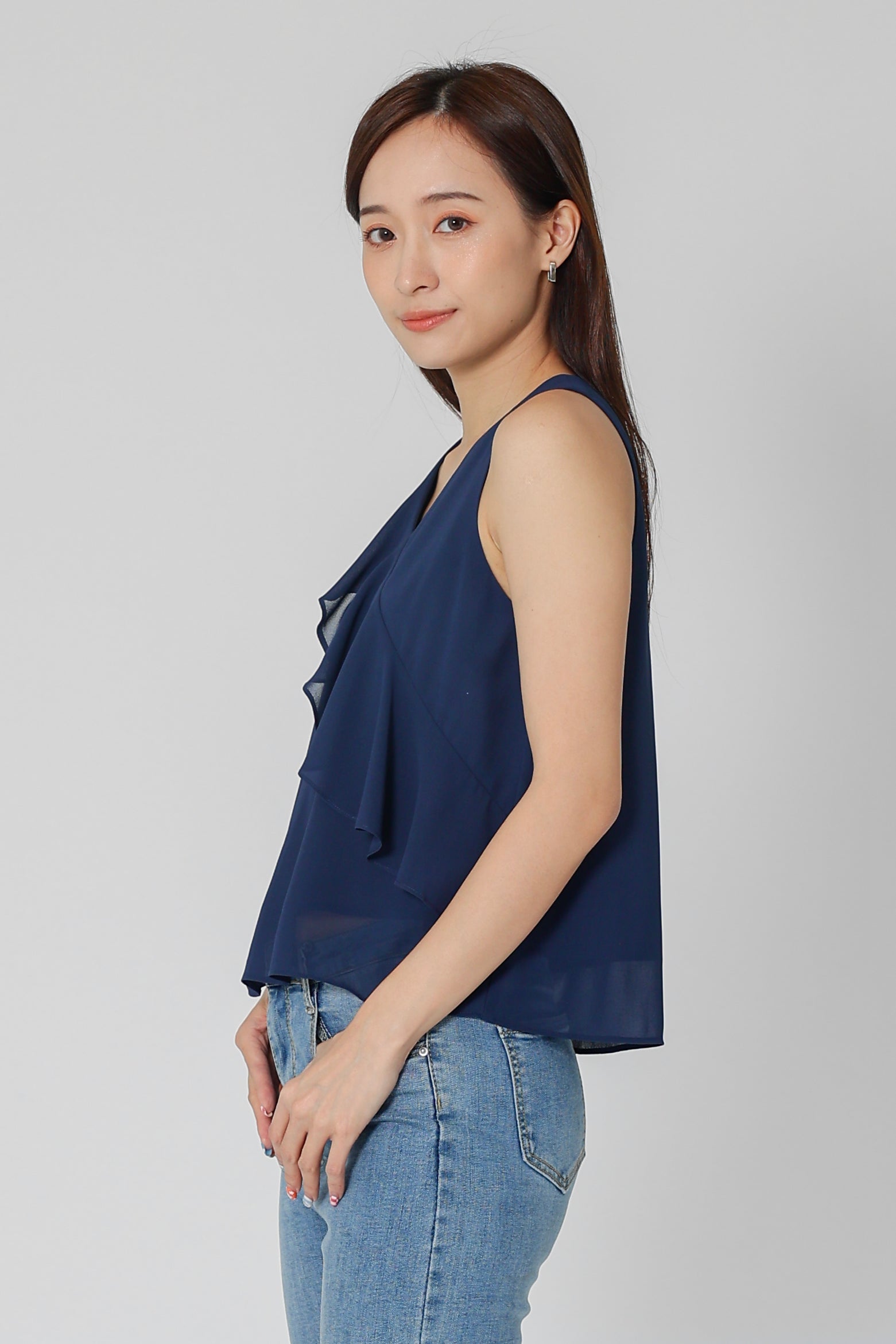 Eillie Slant Ruffles Top - Navy