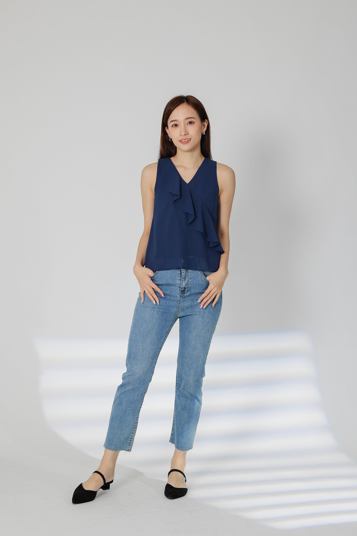 Eillie Slant Ruffles Top - Navy