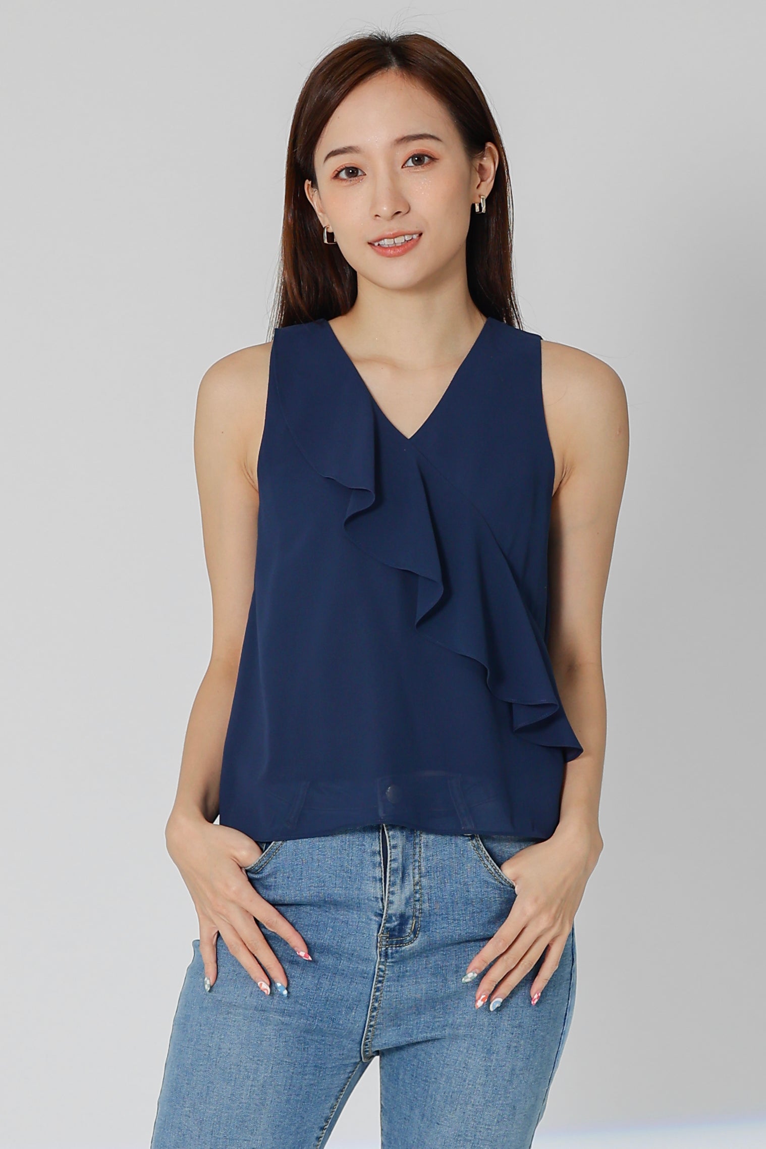 Eillie Slant Ruffles Top - Navy