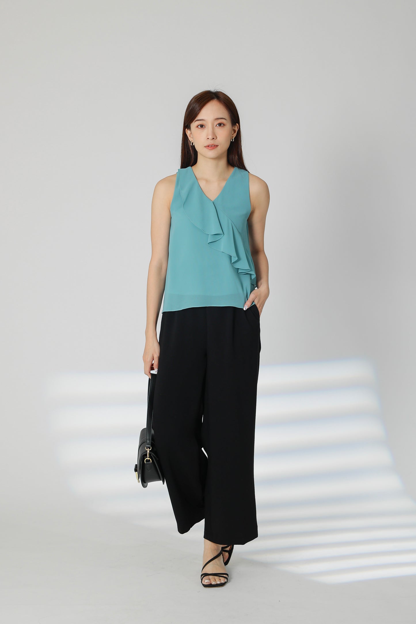 Eillie Slant Ruffles Top - Turquoise