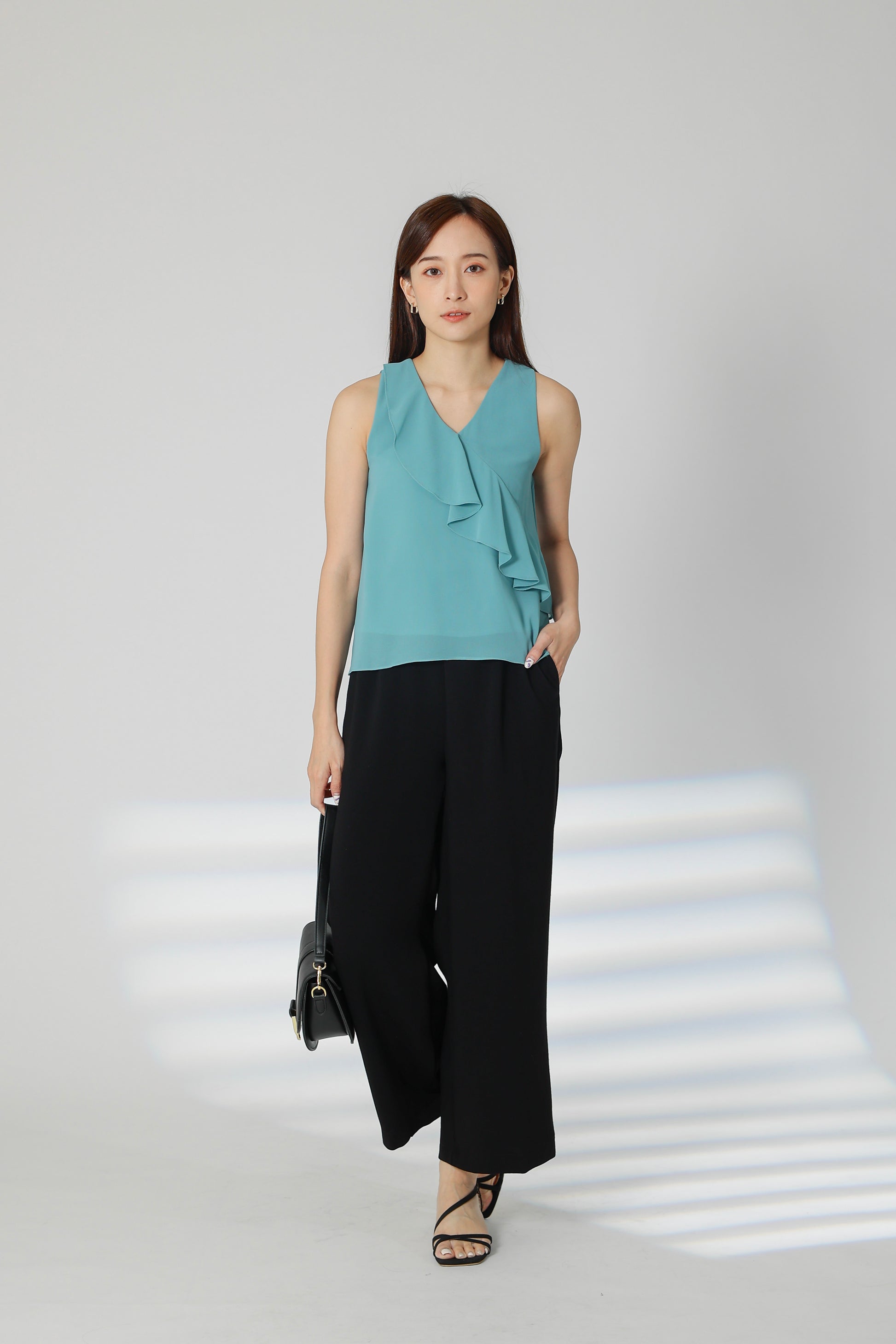 Eillie Slant Ruffles Top - Turquoise
