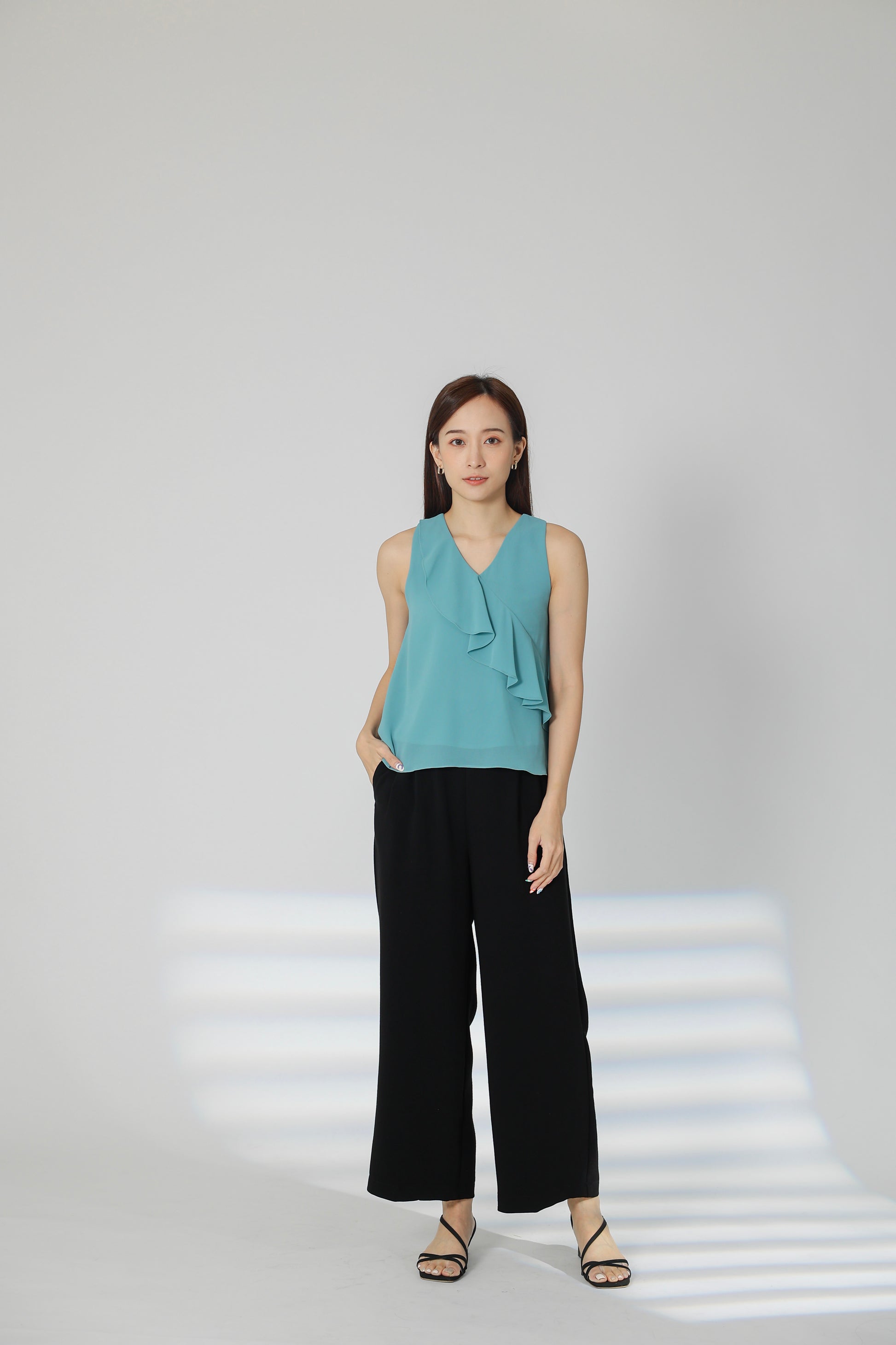 Eillie Slant Ruffles Top - Turquoise