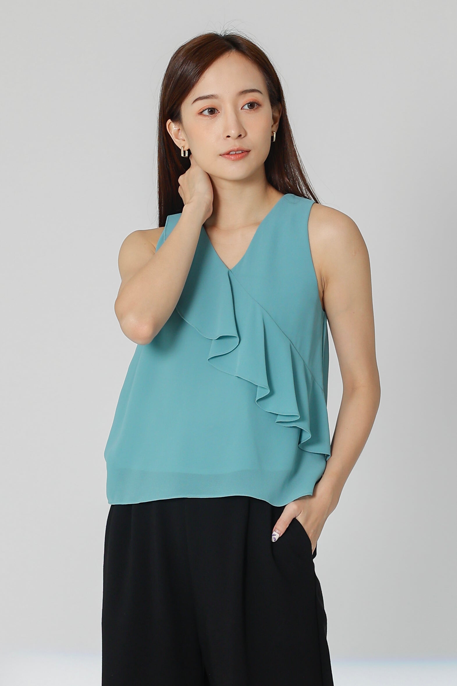 Eillie Slant Ruffles Top - Turquoise