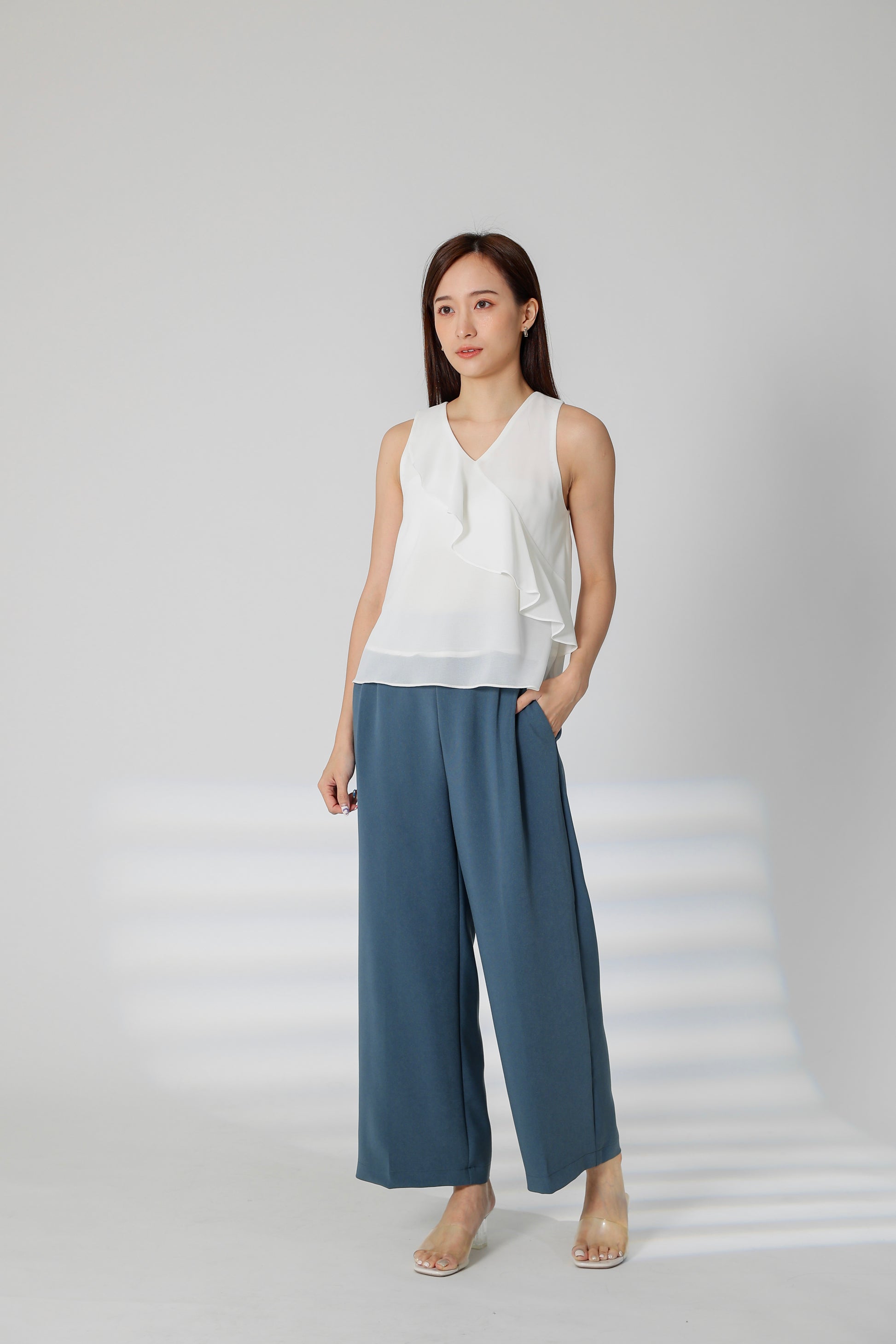Eillie Slant Ruffles Top - White
