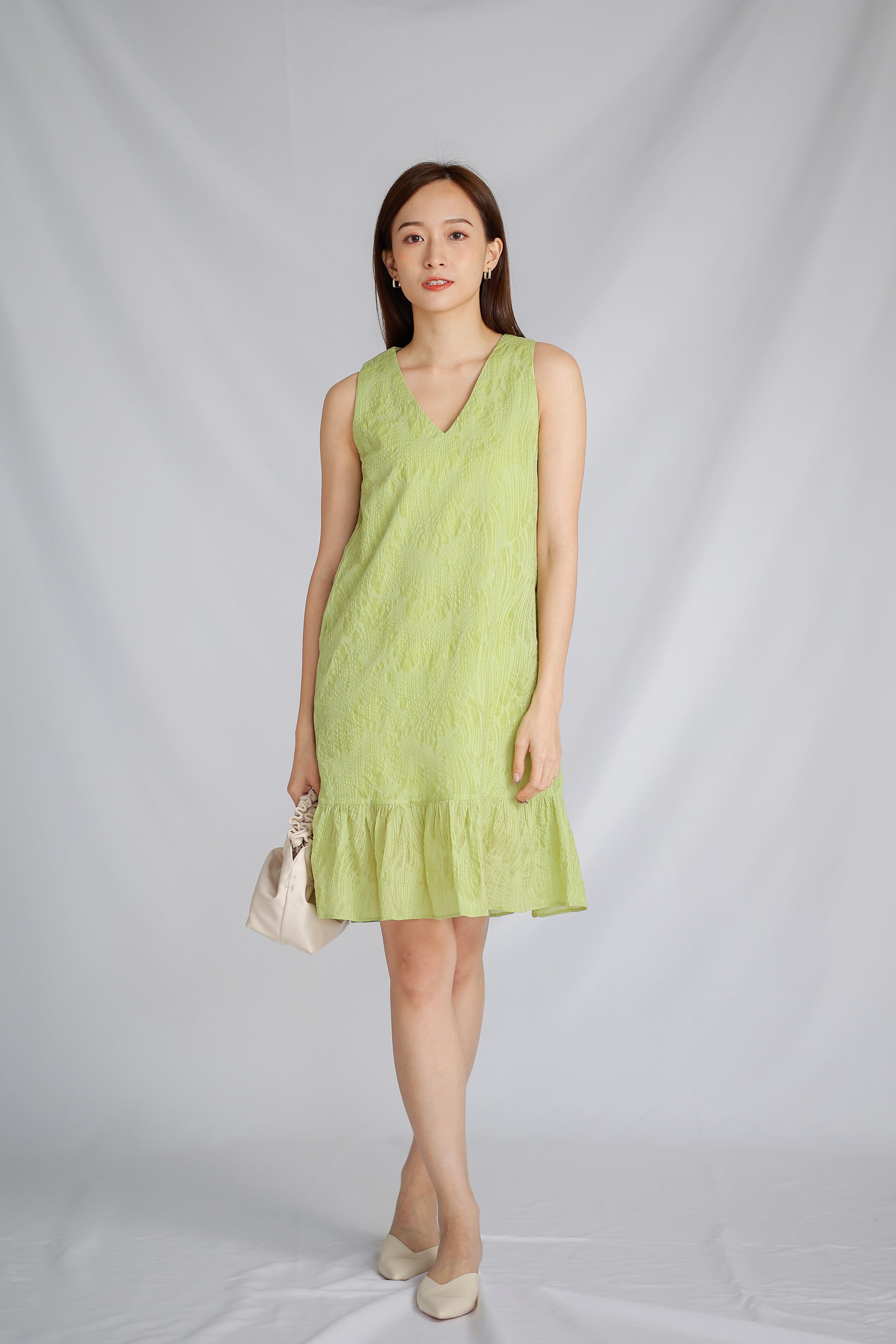 Eliza V Neck Ruffle Dress - Green