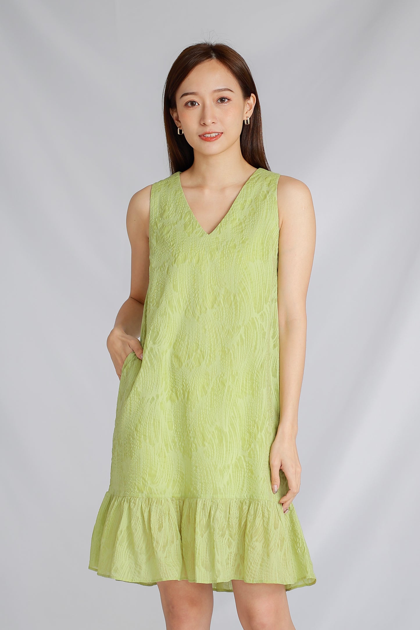 Eliza V Neck Ruffle Dress - Green