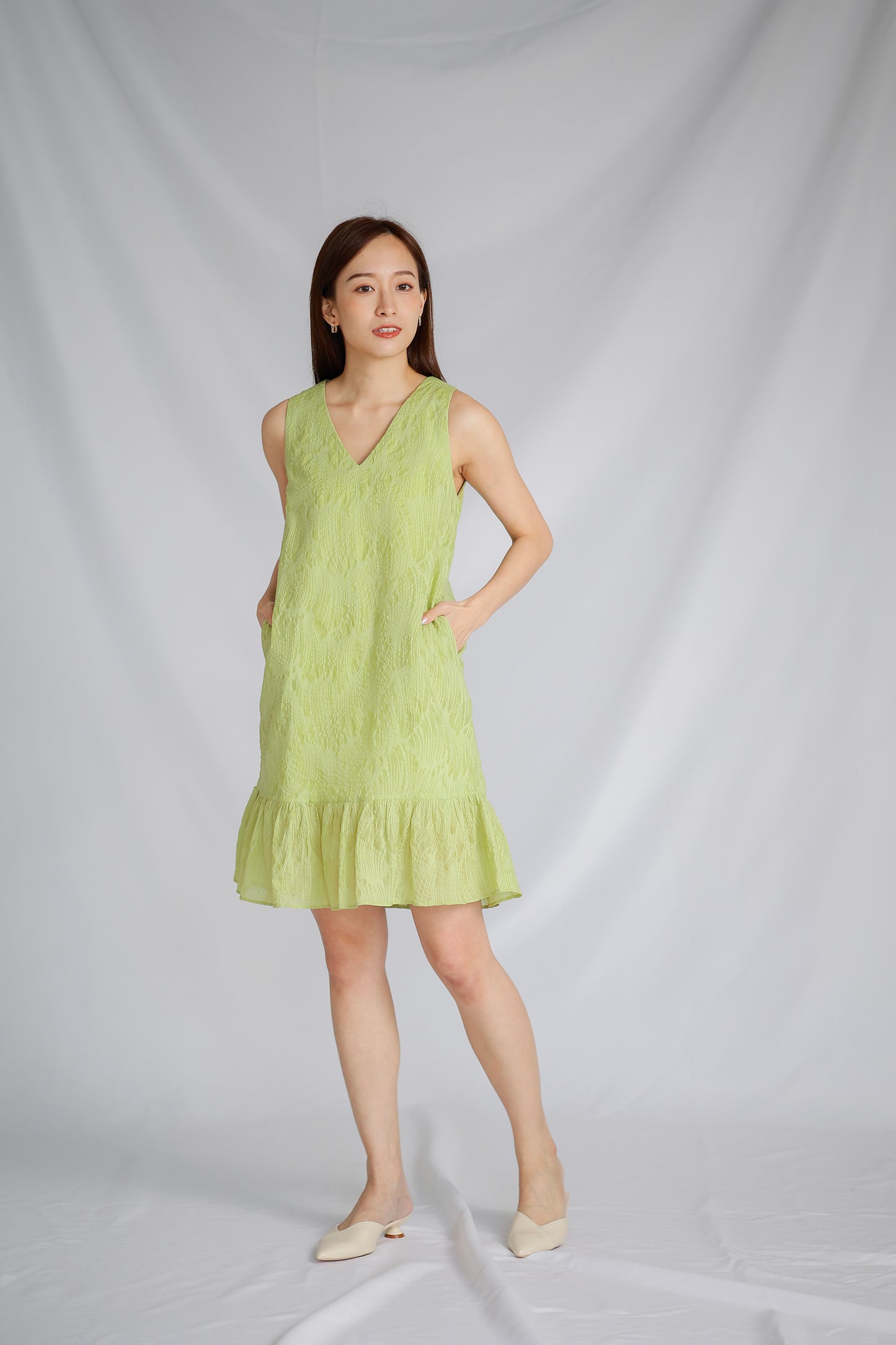 Eliza V Neck Ruffle Dress - Green