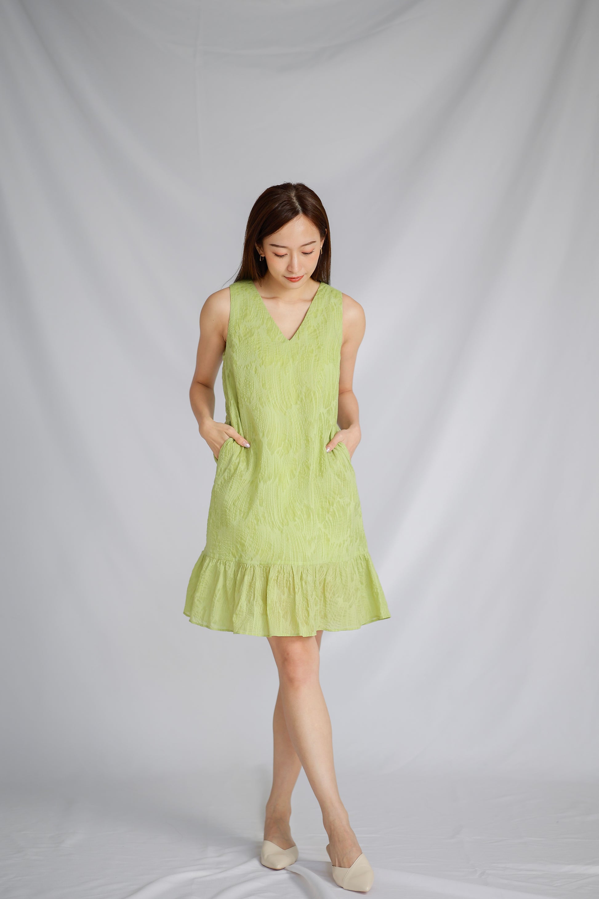 Eliza V Neck Ruffle Dress - Green