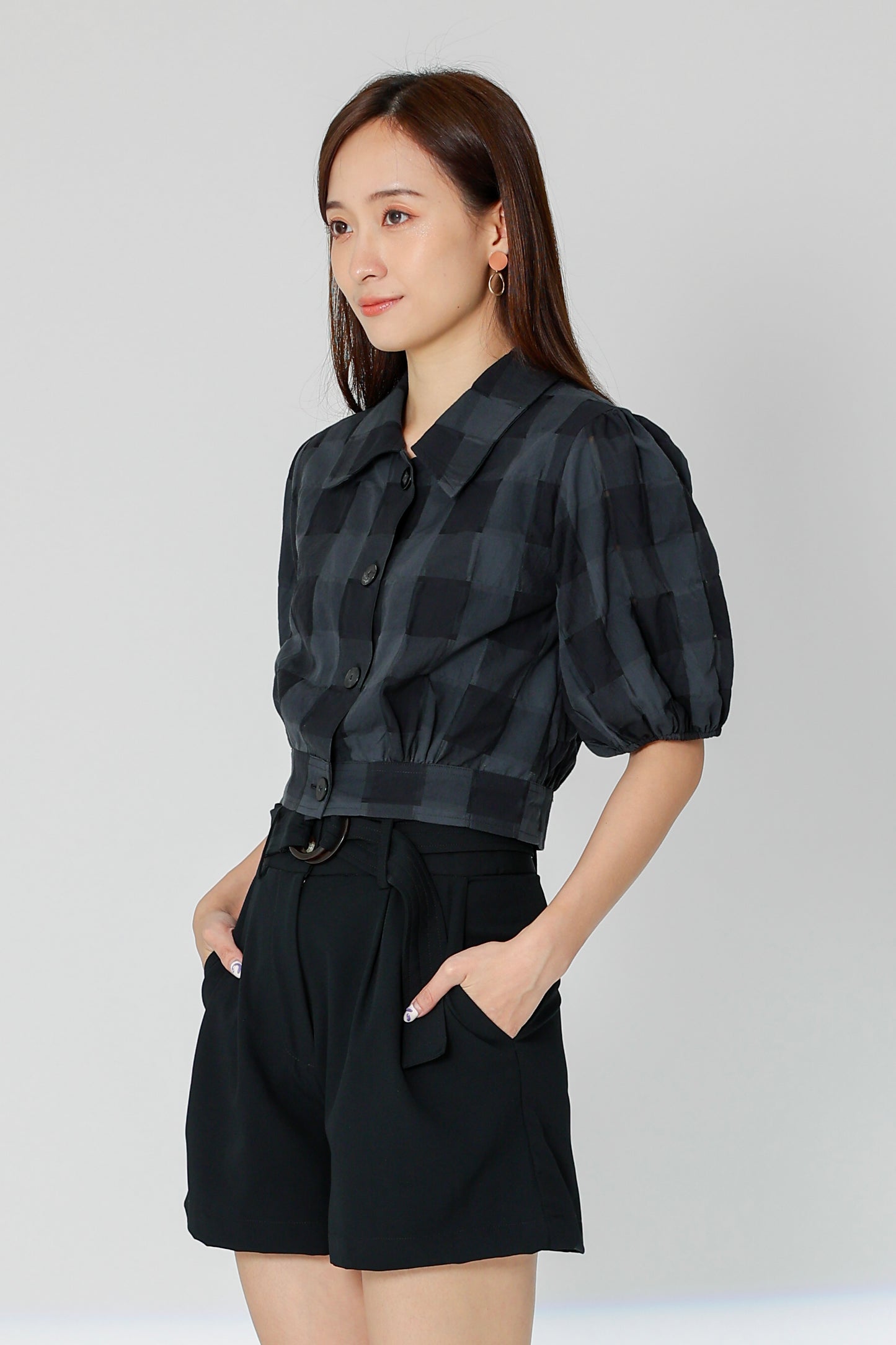 Gabby Tartan Cropped Blouse - Black