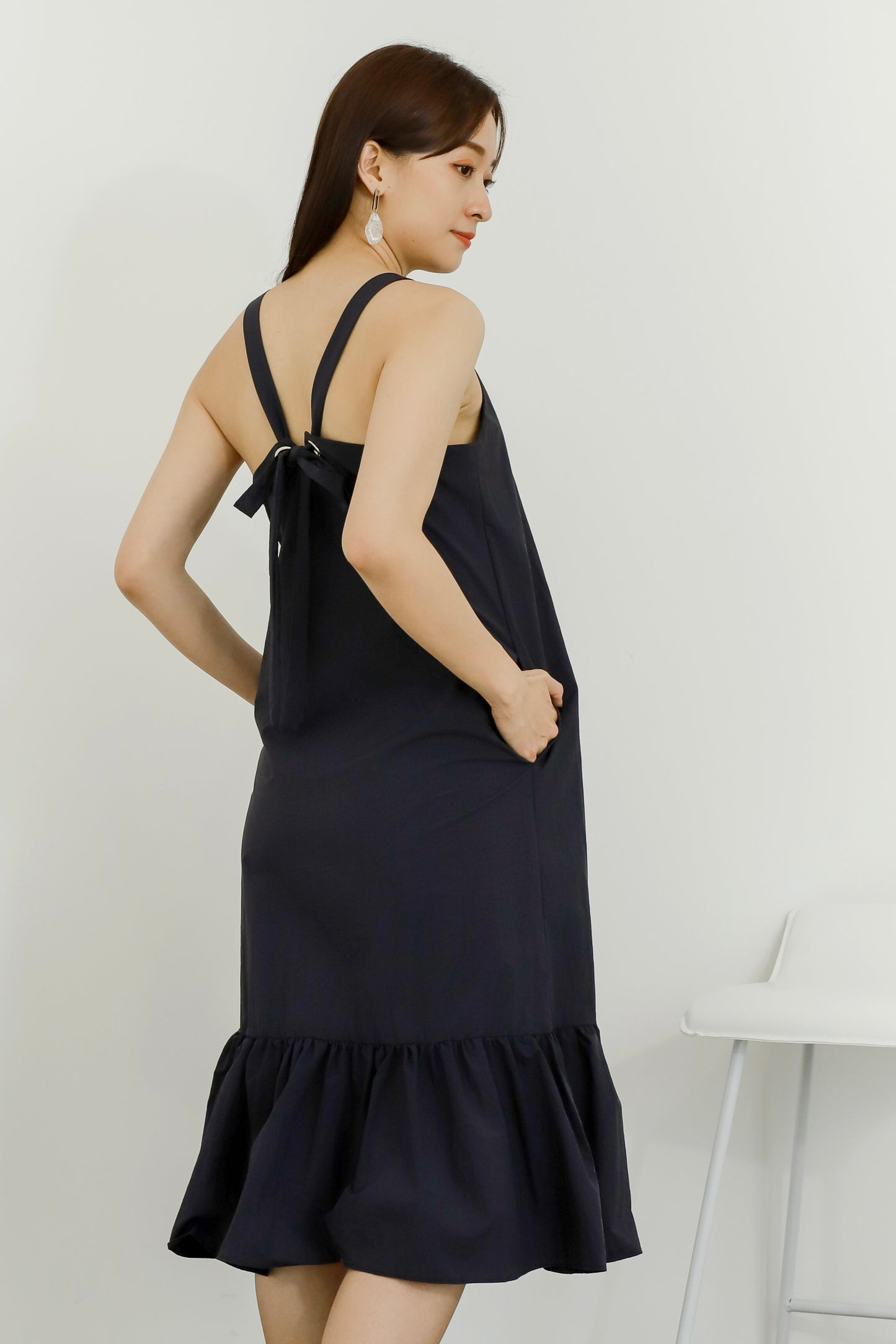 Drea Back Ribbon Midi Dress - Navy