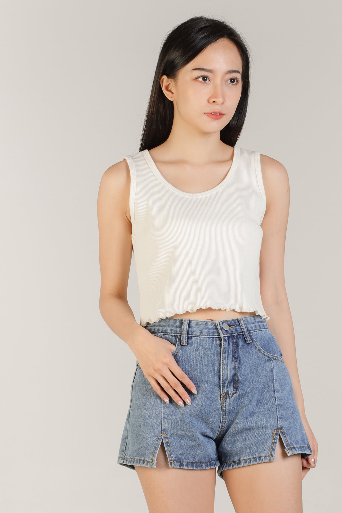 Olive Ruffle Tank - Cream