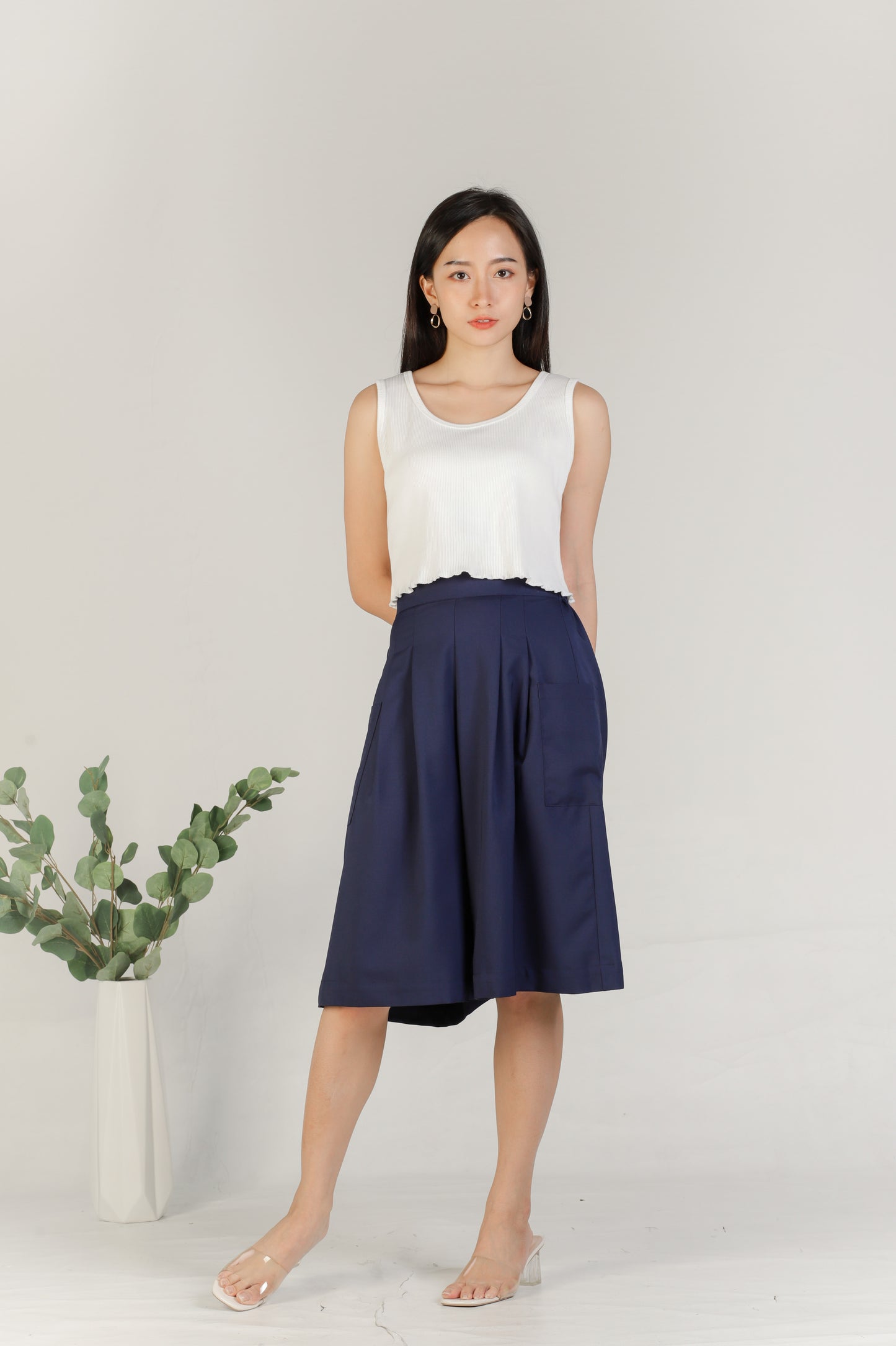Olive Ruffle Tank - White