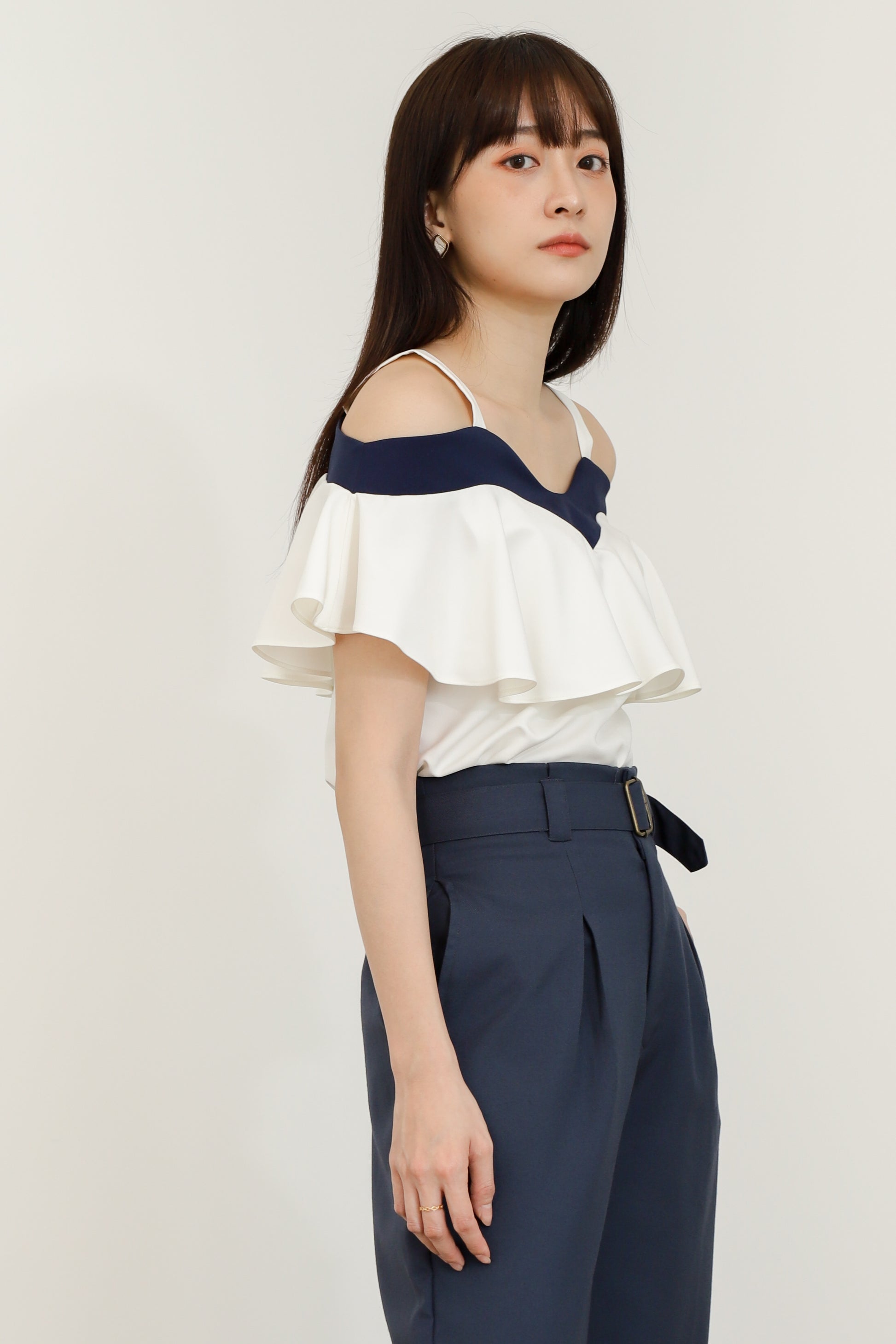 Winifred Ruffle Top - White/Navy