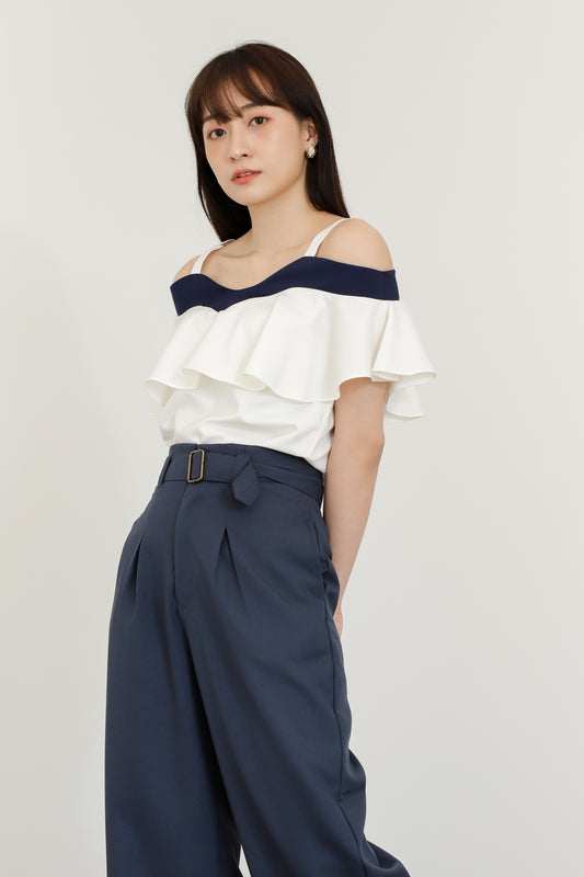 Winifred Ruffle Top - White/Navy