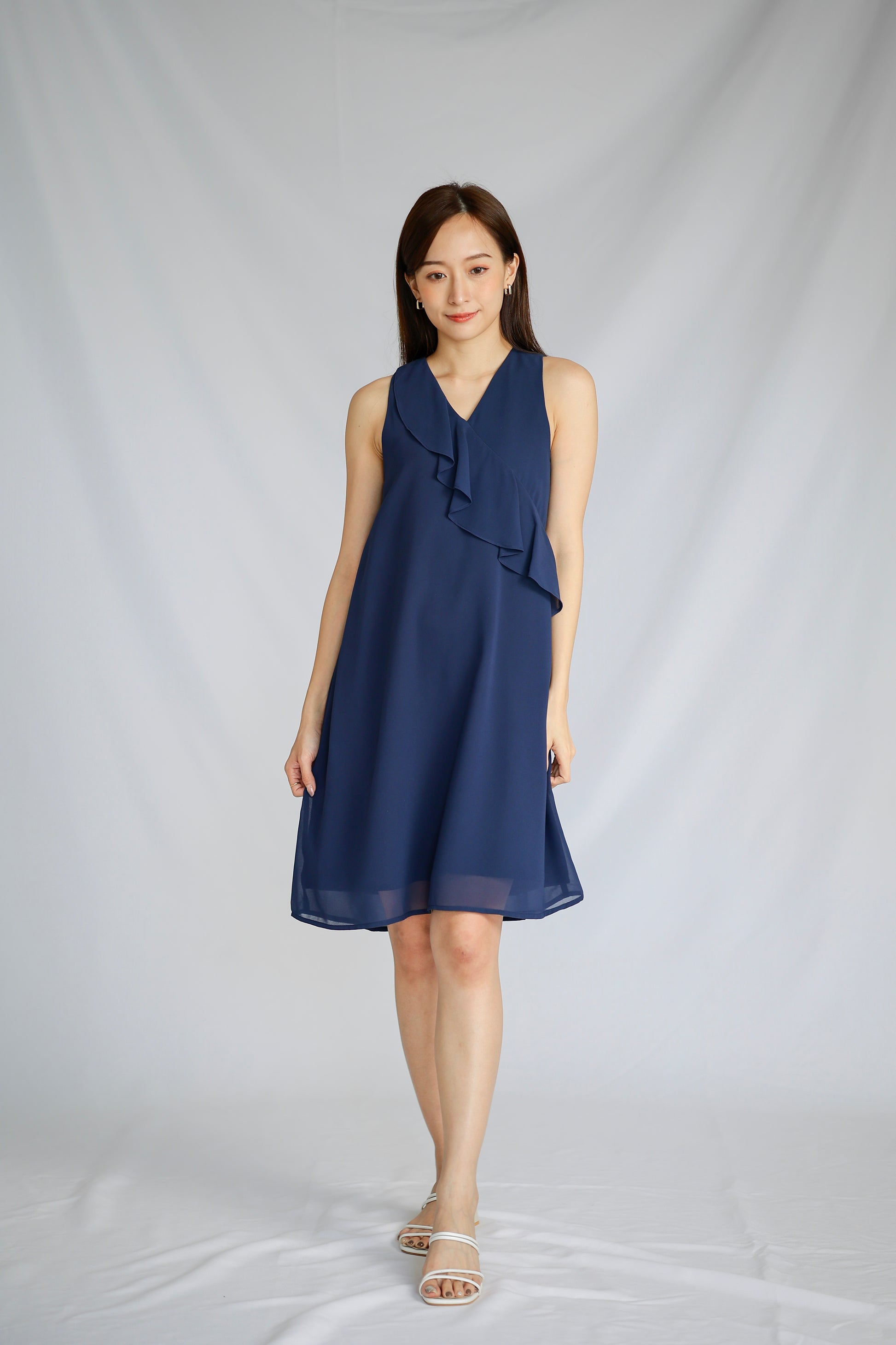 Jazlyn Slant Ruffles Dress - Navy