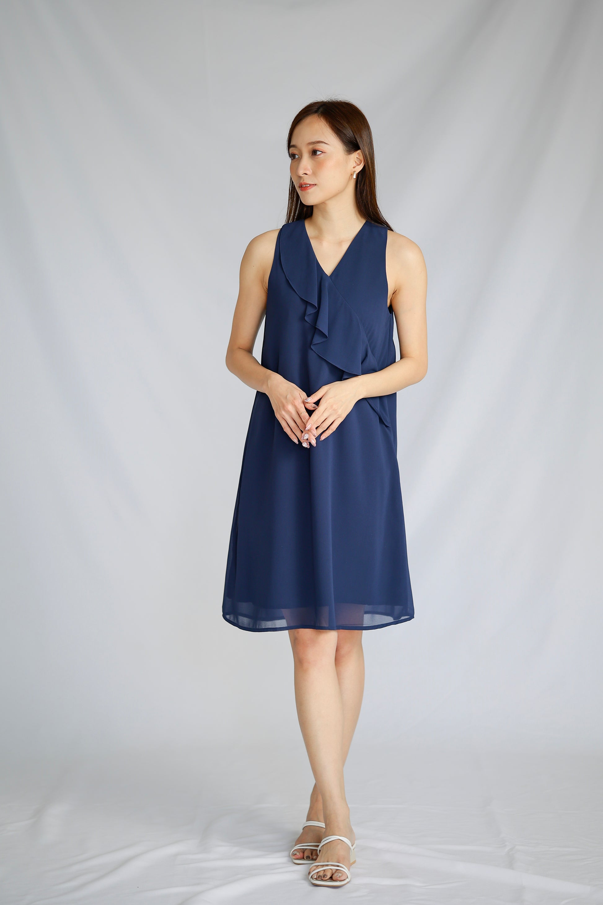 Jazlyn Slant Ruffles Dress - Navy