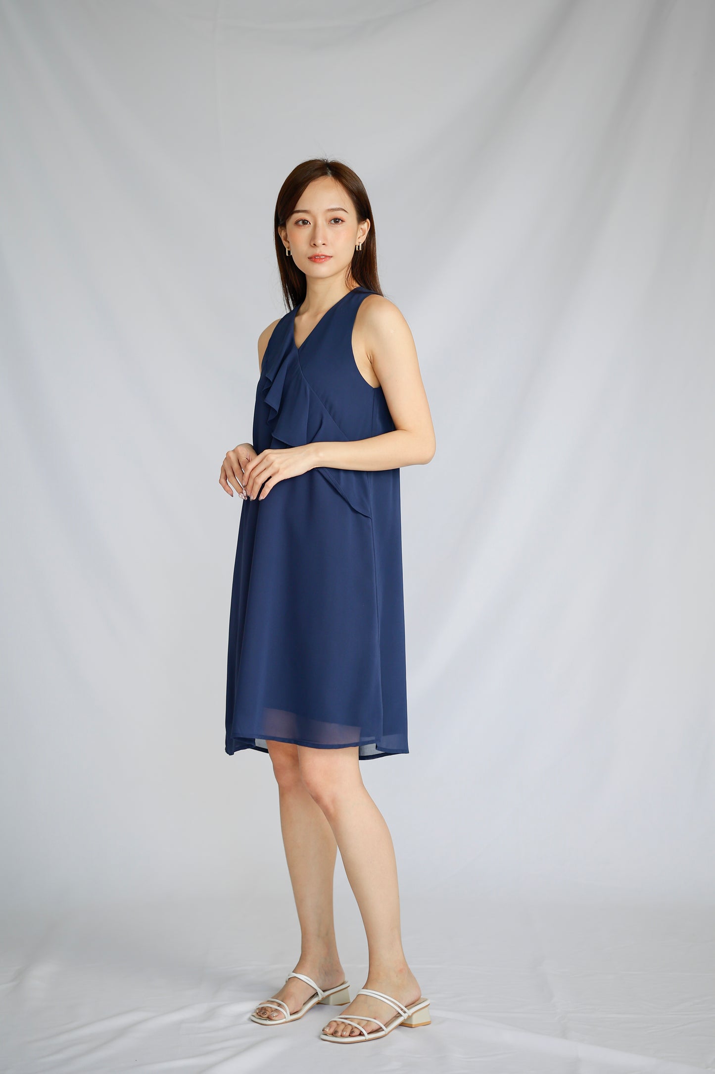 Jazlyn Slant Ruffles Dress - Navy