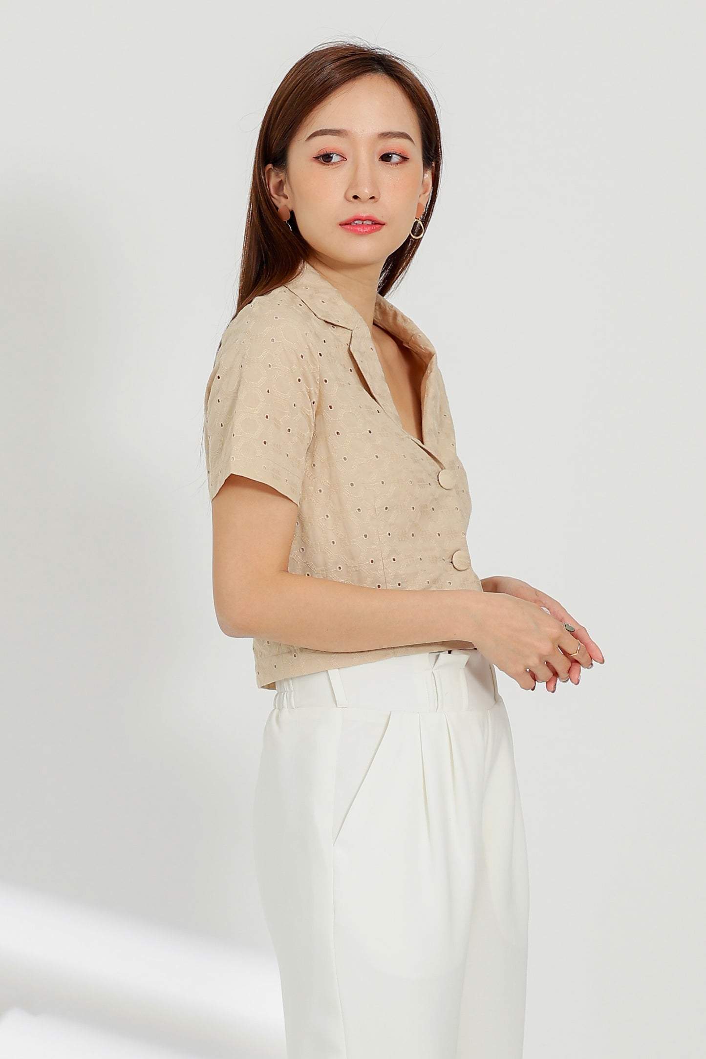 Paige Notched Collar Shirt - Beige