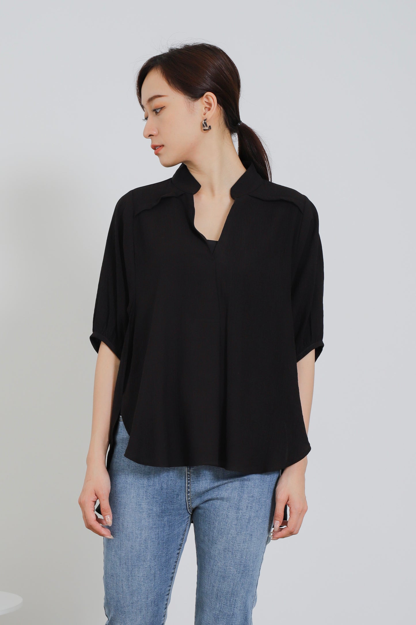Romi Oversize Side Slit Flared Top - Black