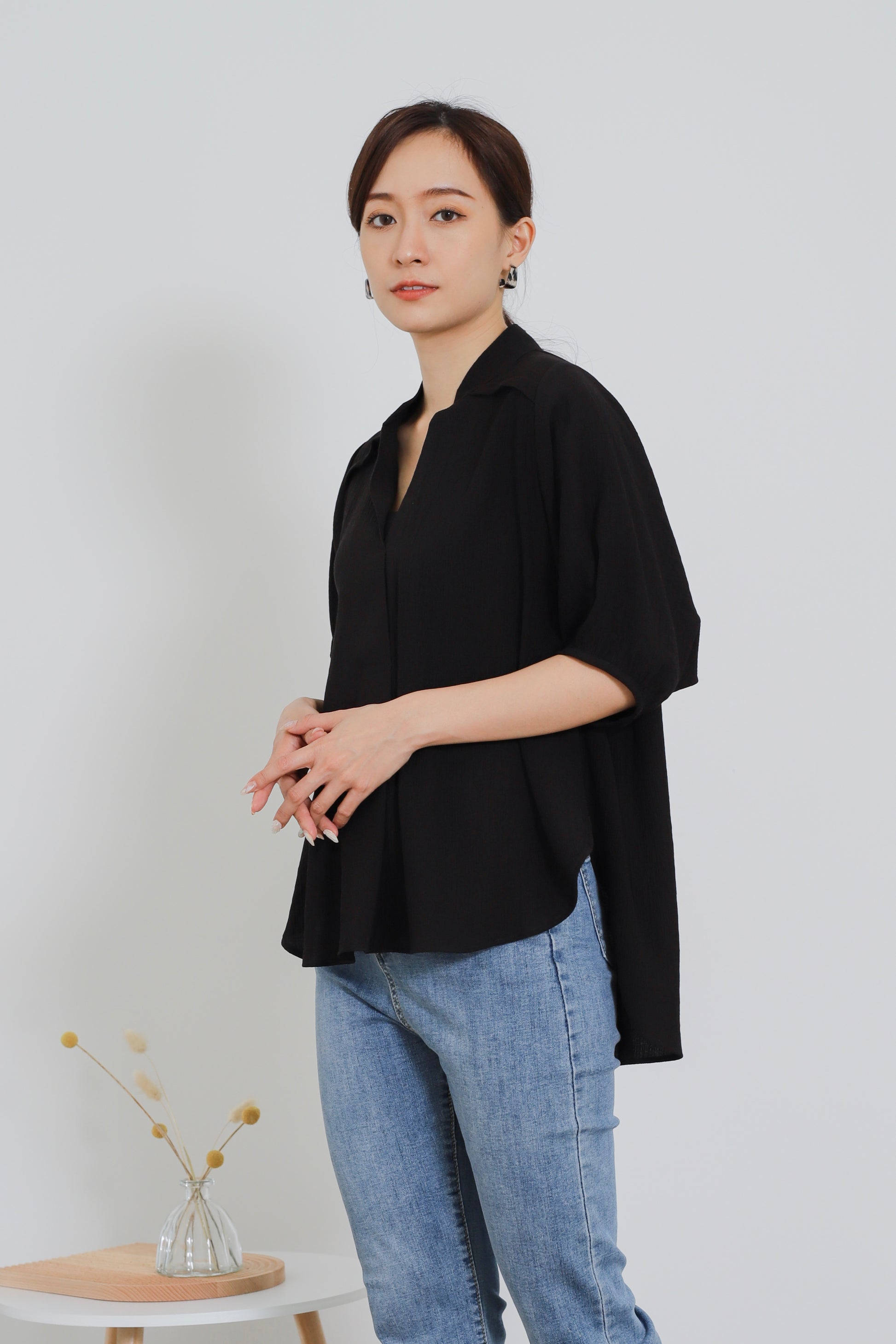 Romi Oversize Side Slit Flared Top - Black