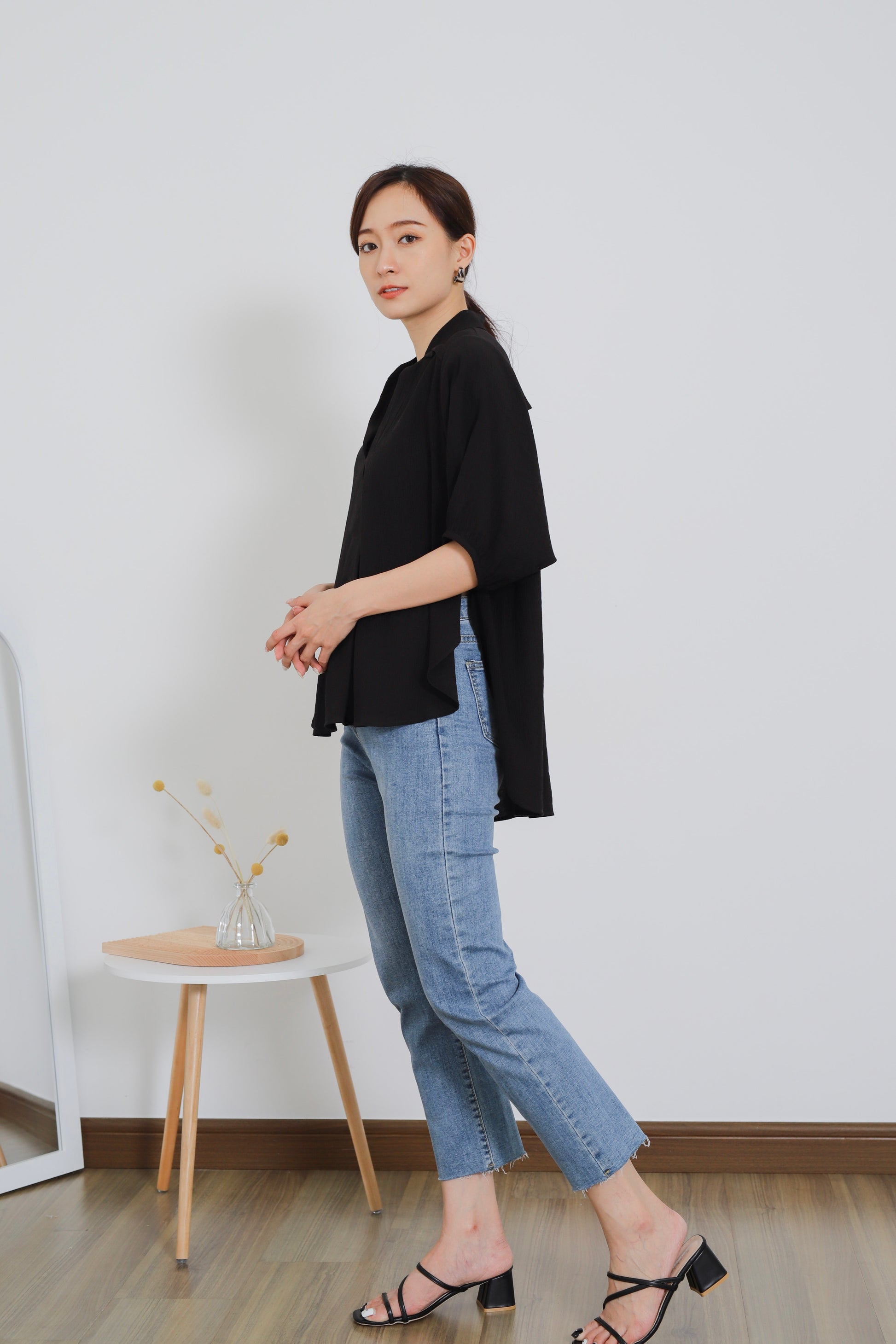 Romi Oversize Side Slit Flared Top - Black