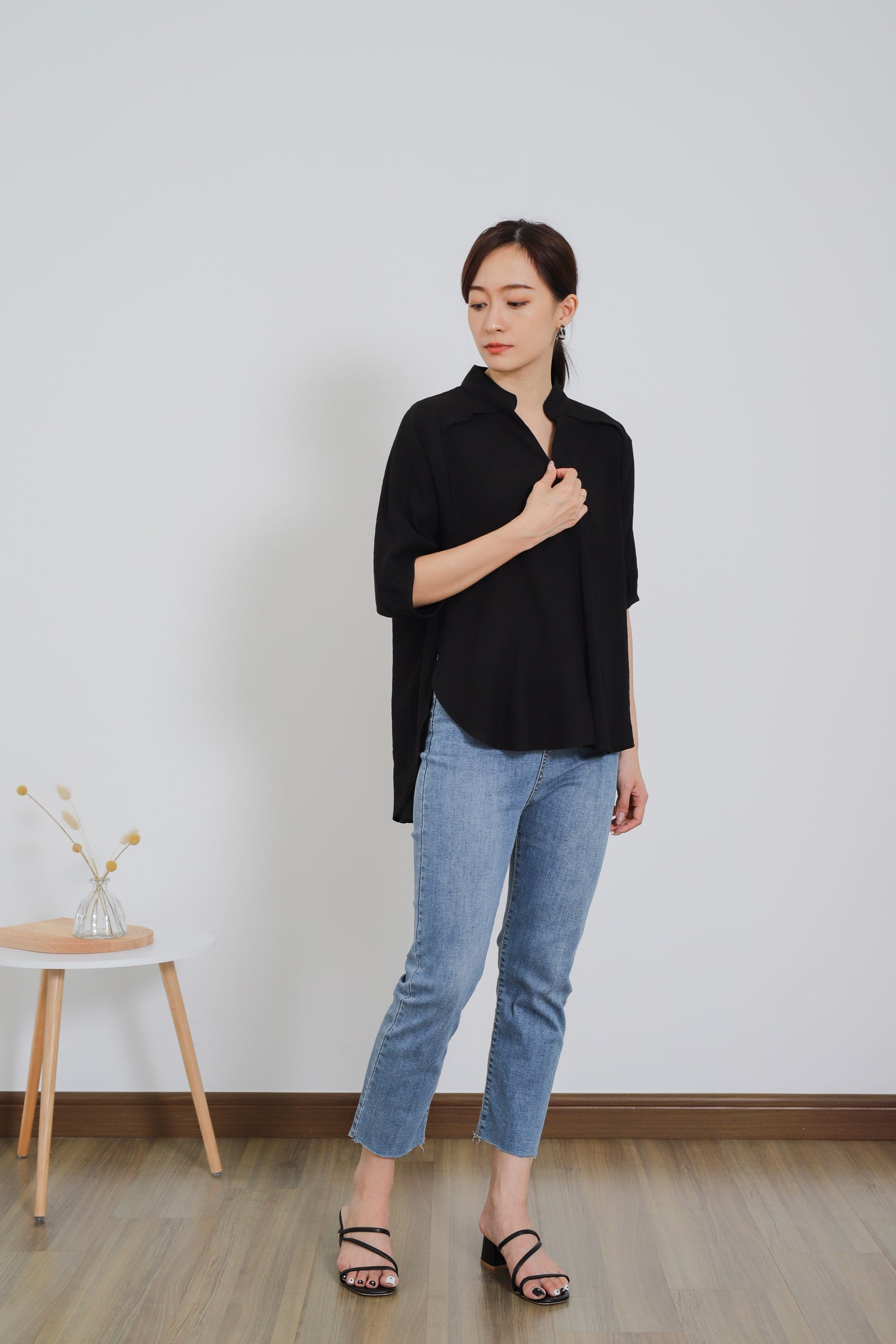 Romi Oversize Side Slit Flared Top - Black