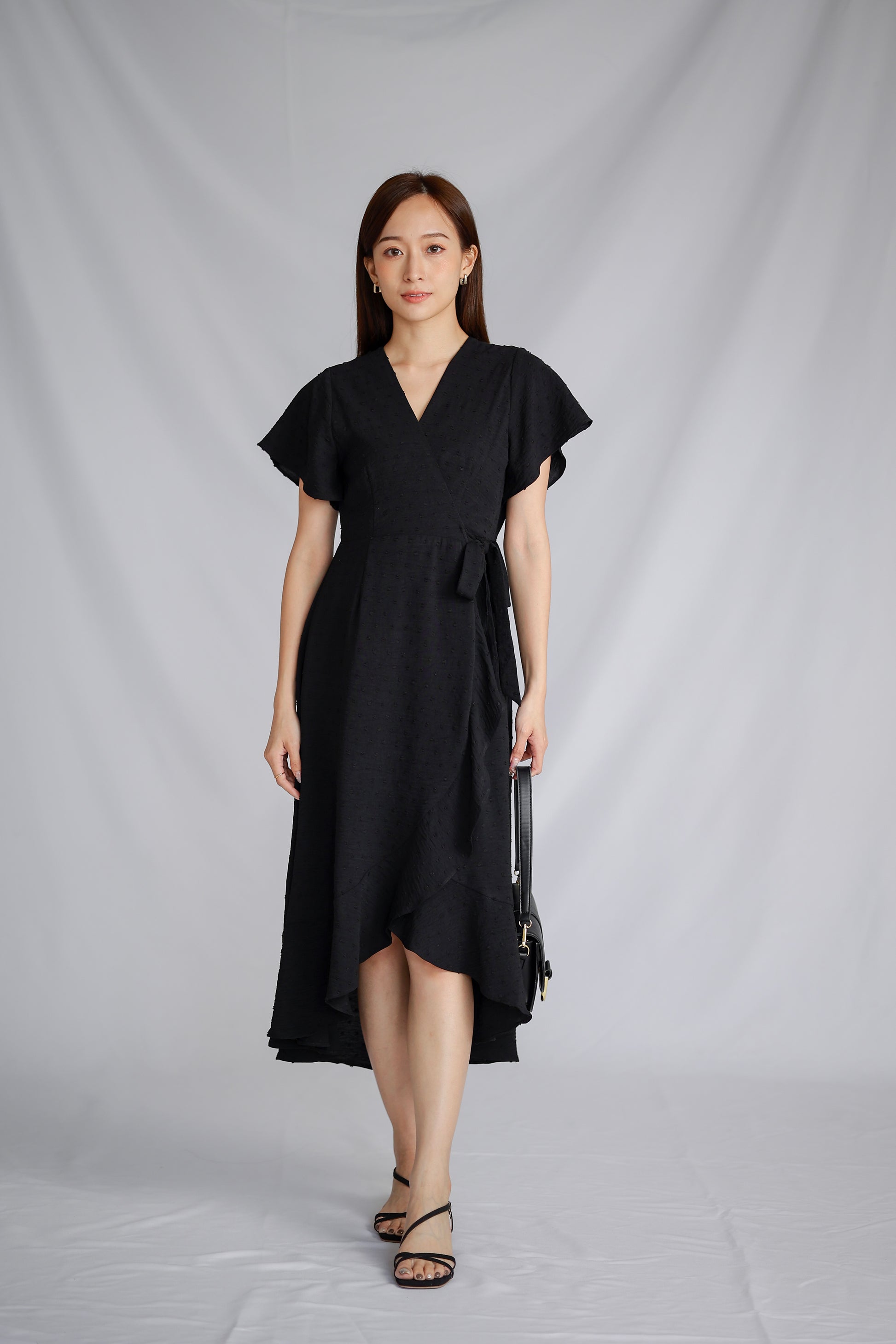 Talisha Surplice Wrapped Midi Dress - Black