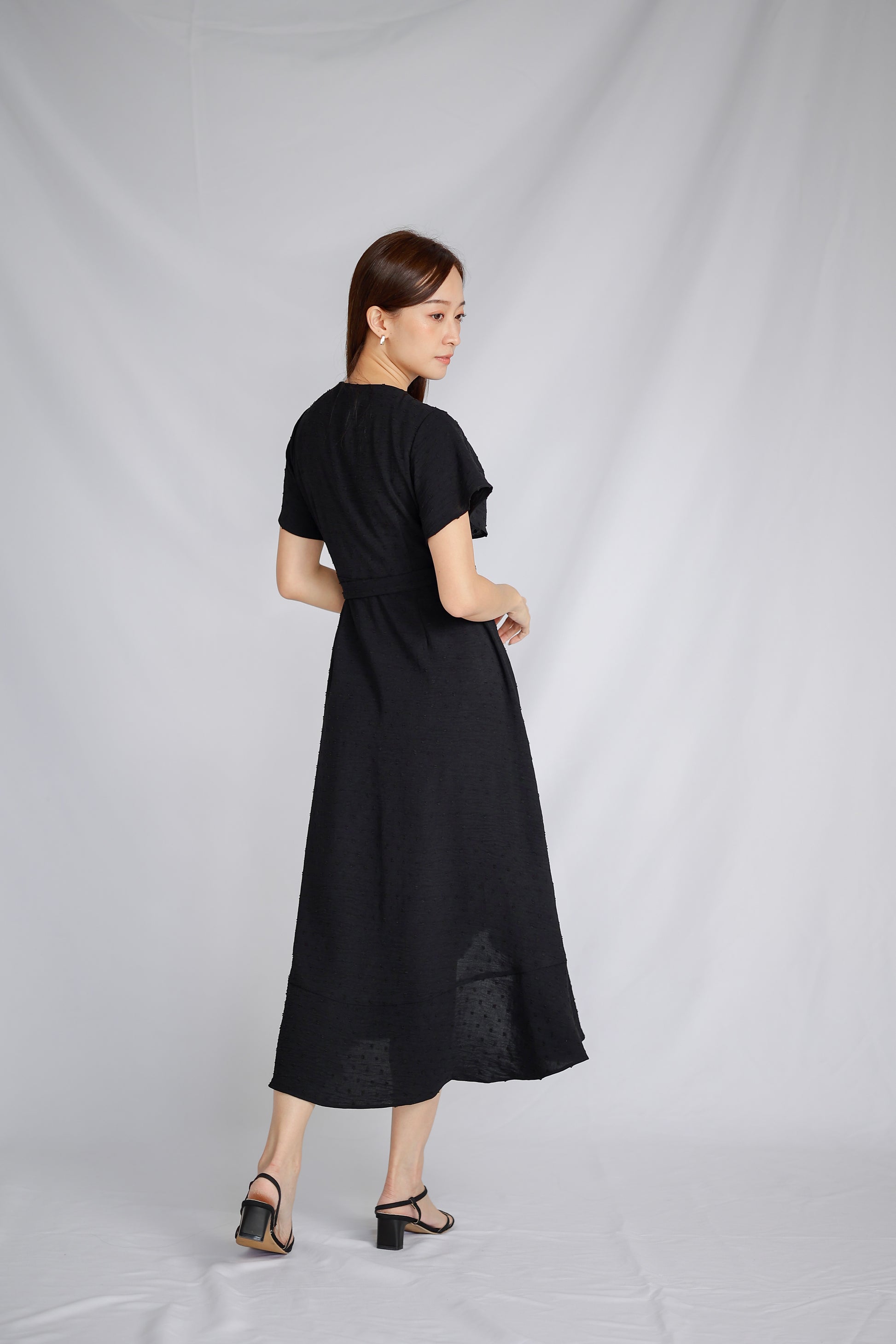 Talisha Surplice Wrapped Midi Dress - Black