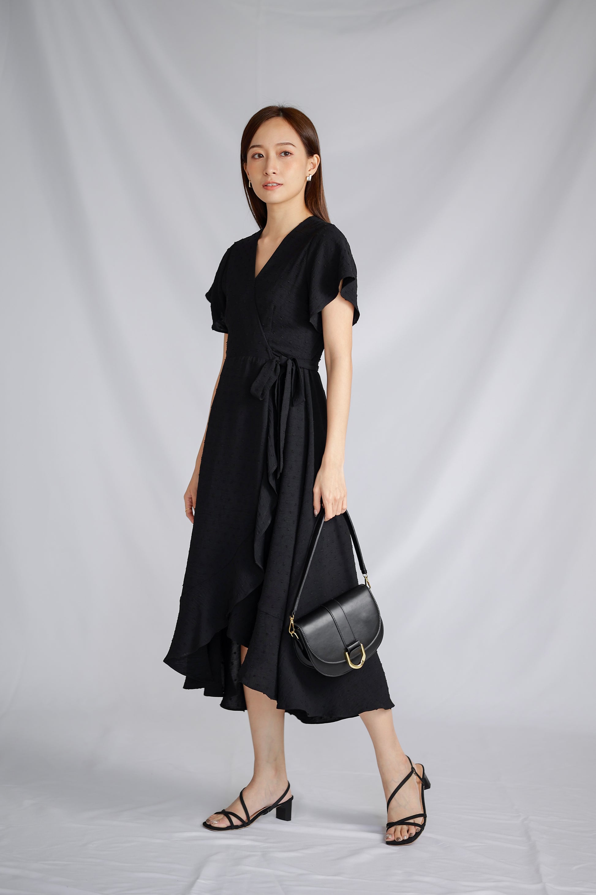 Talisha Surplice Wrapped Midi Dress - Black