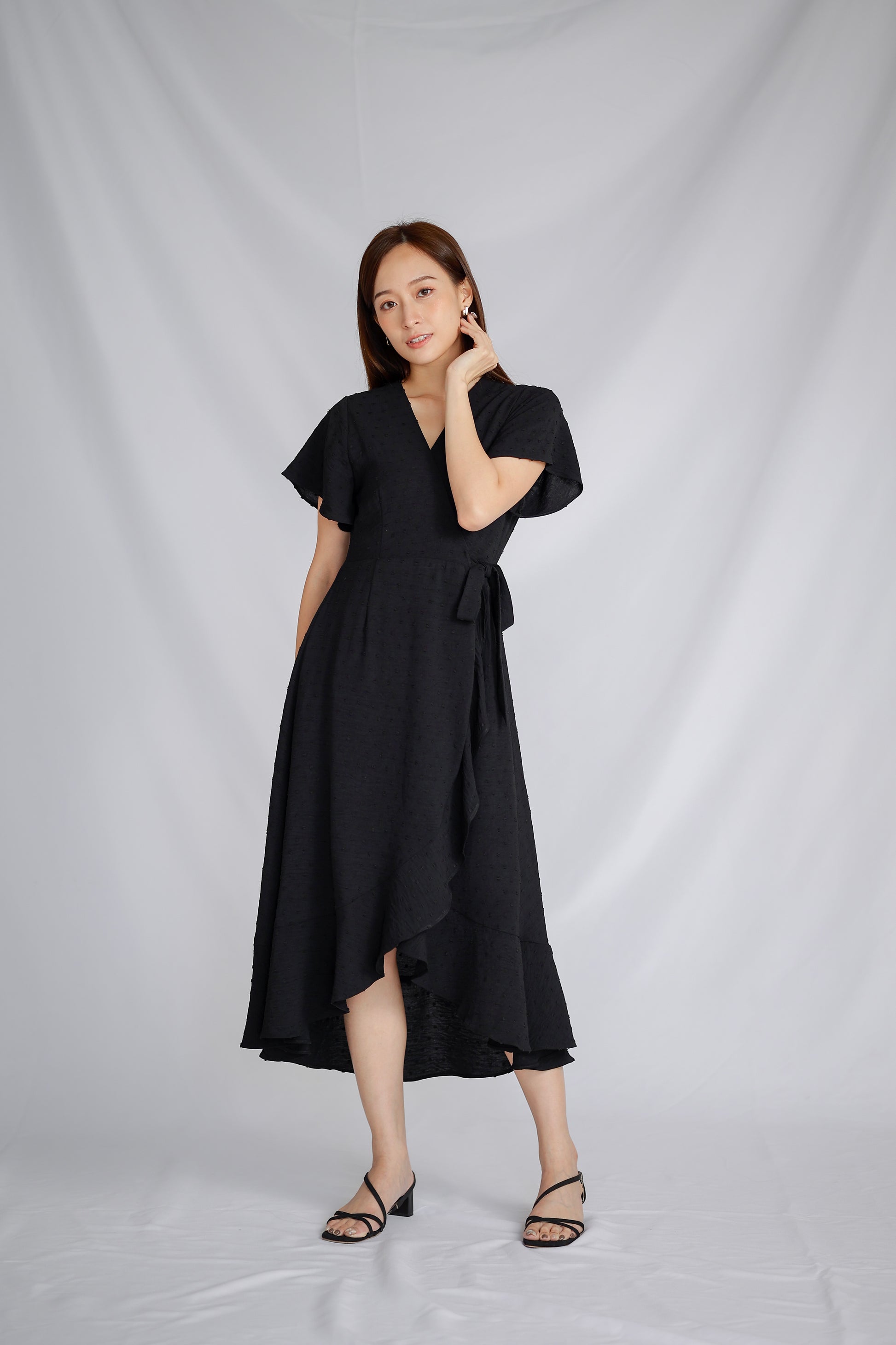 Talisha Surplice Wrapped Midi Dress - Black